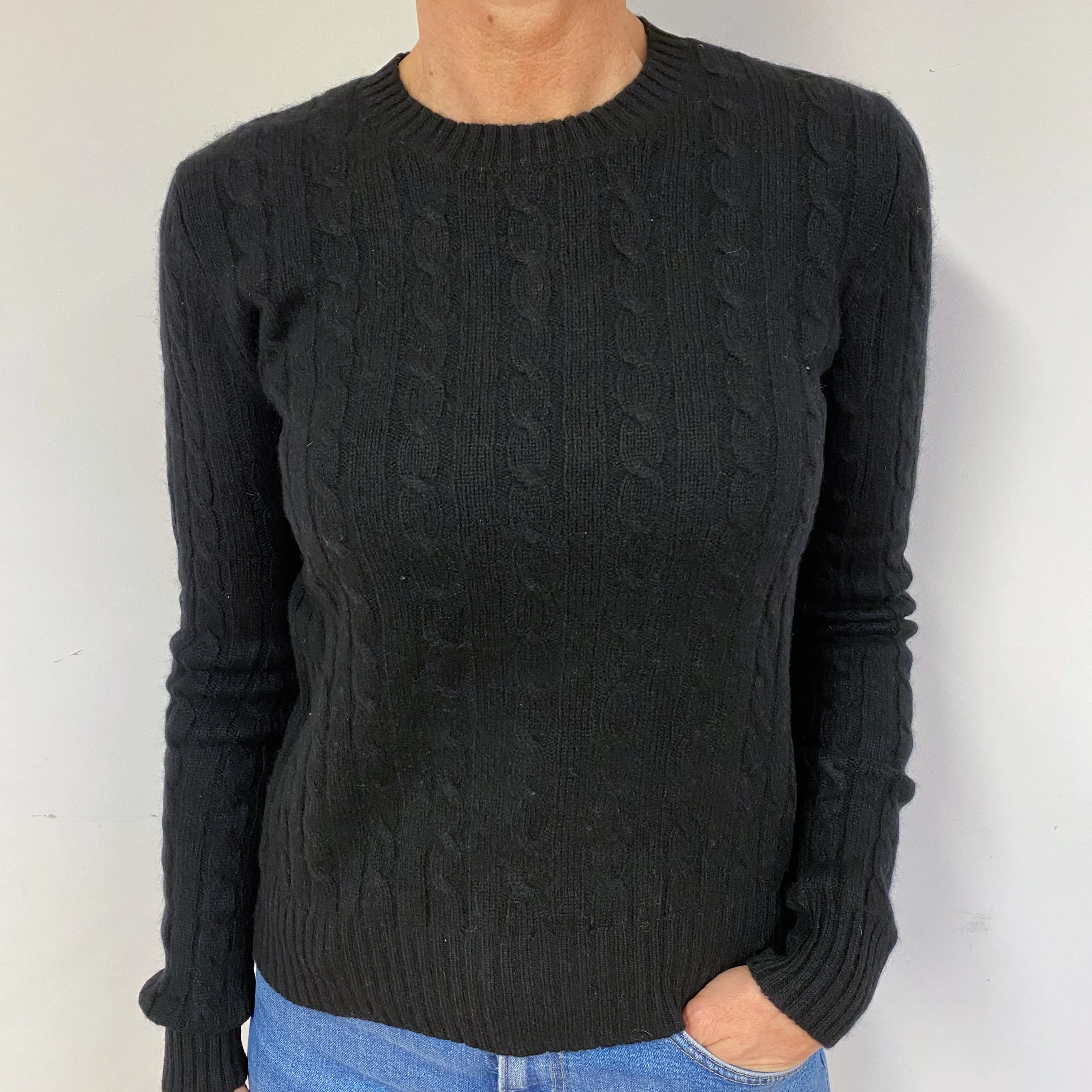 Black Cable Cashmere Crew Neck Jumper Medium.