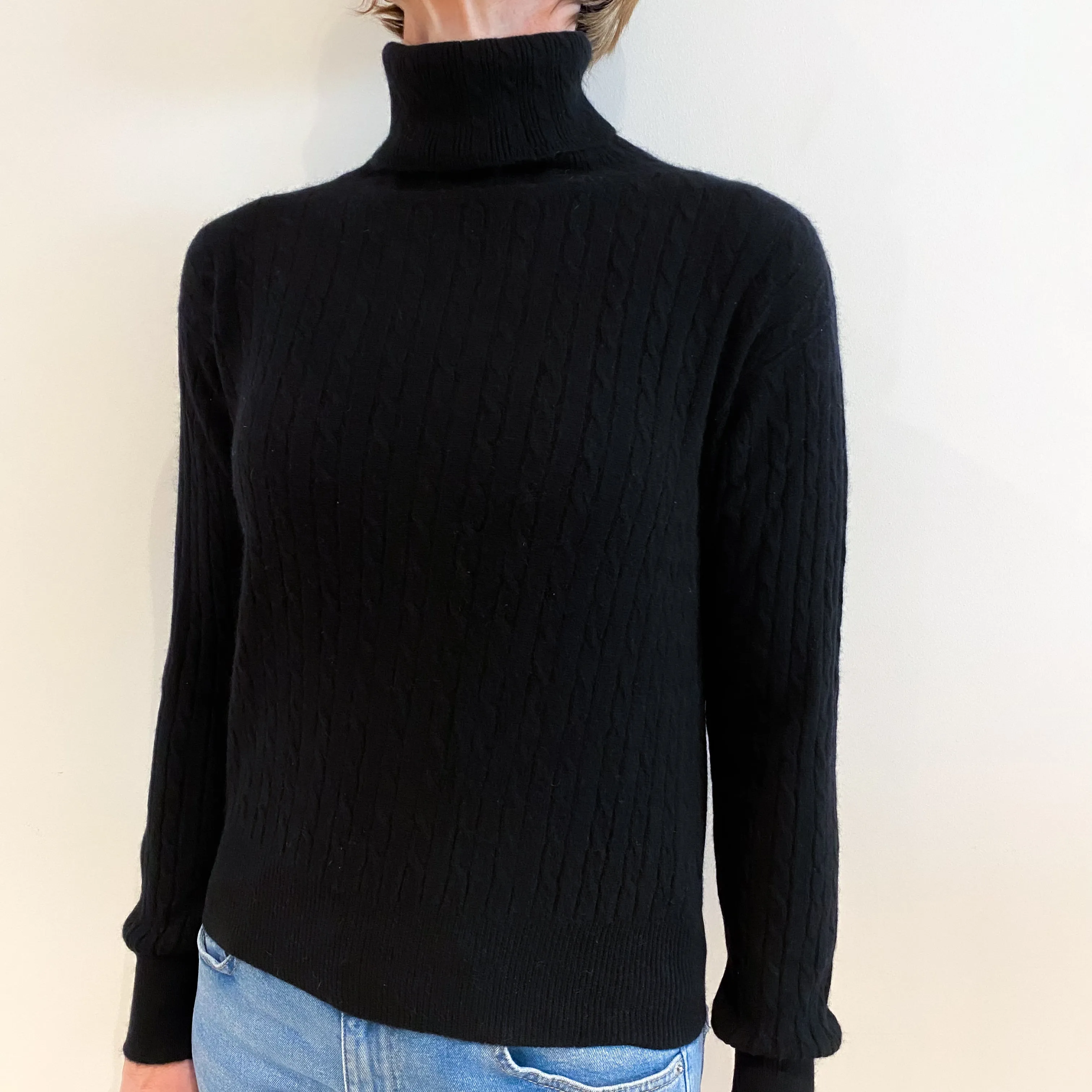 Black Cashmere Cable Polo Neck Jumper Small