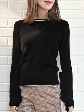 Black Extra-long Ruffled Sleeve Wool Blend Jumper