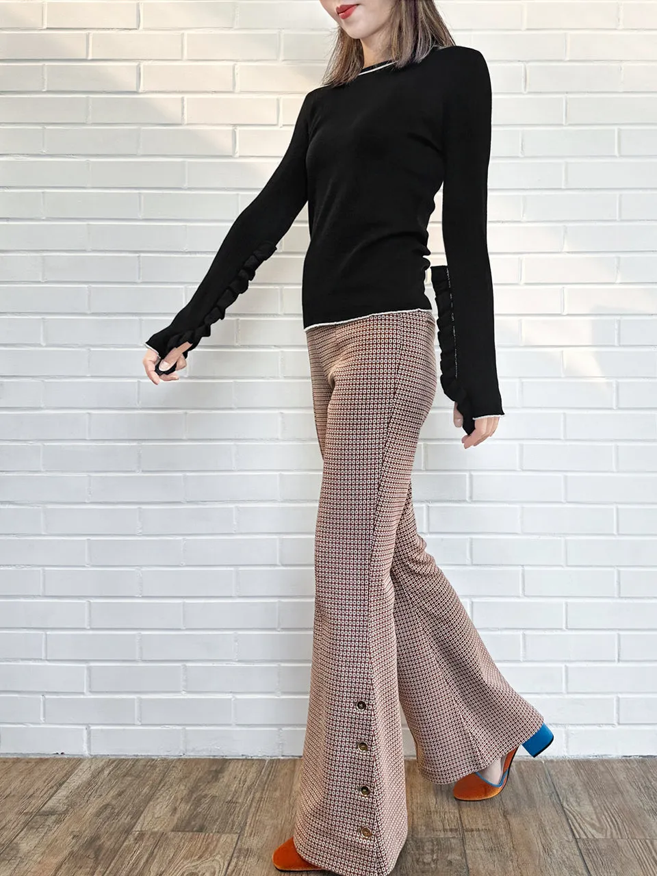 Black Extra-long Ruffled Sleeve Wool Blend Jumper