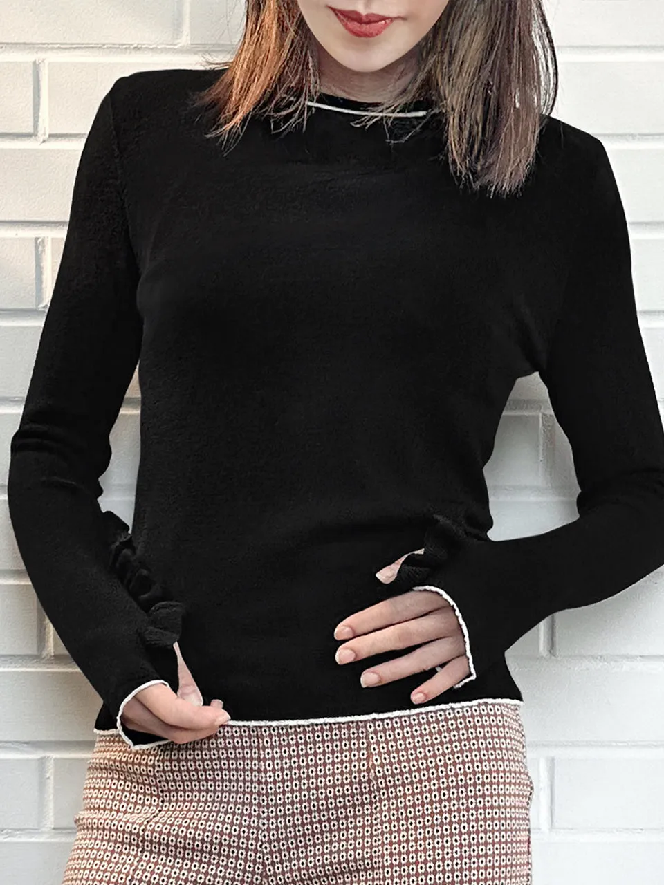 Black Extra-long Ruffled Sleeve Wool Blend Jumper