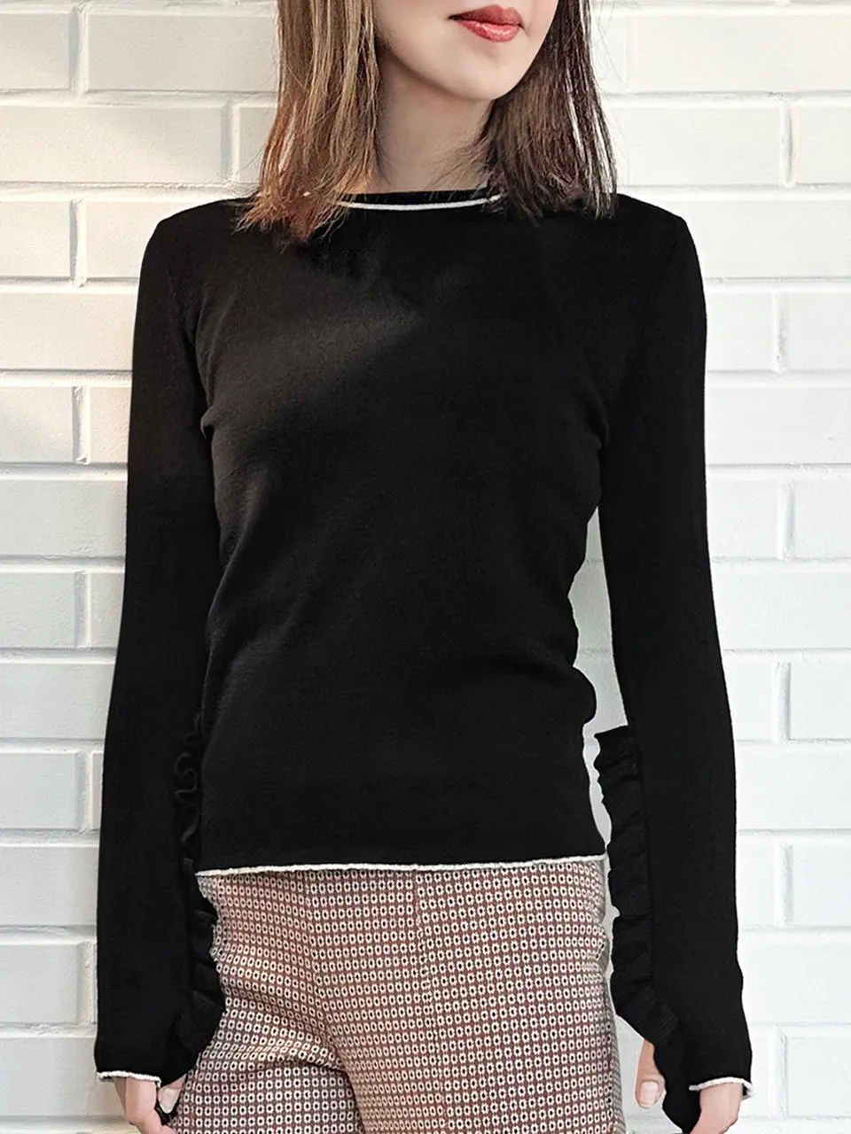 Black Extra-long Ruffled Sleeve Wool Blend Jumper
