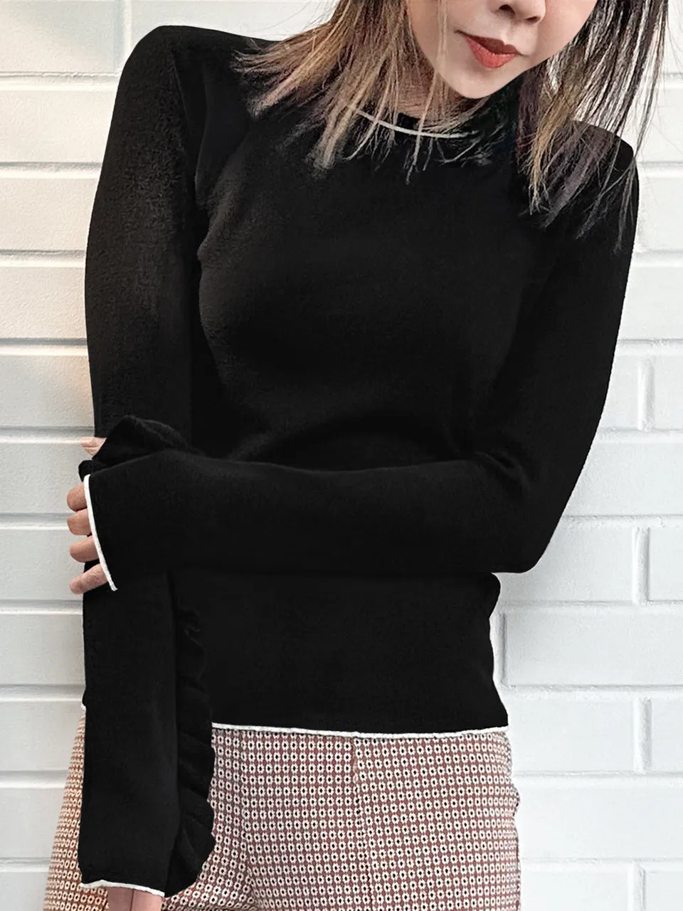 Black Extra-long Ruffled Sleeve Wool Blend Jumper