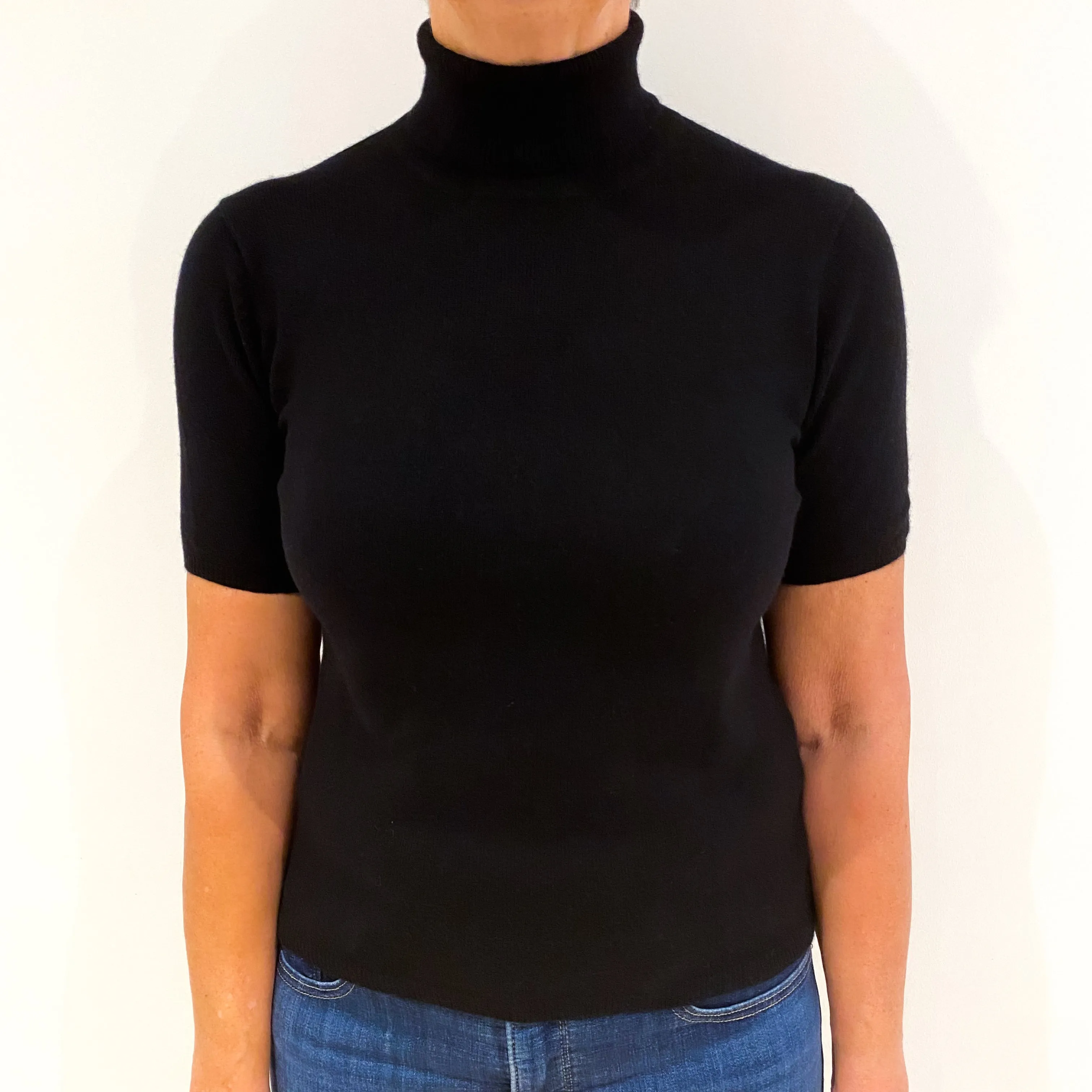 Black Short Sleeved Cashmere Polo Neck Jumper Medium