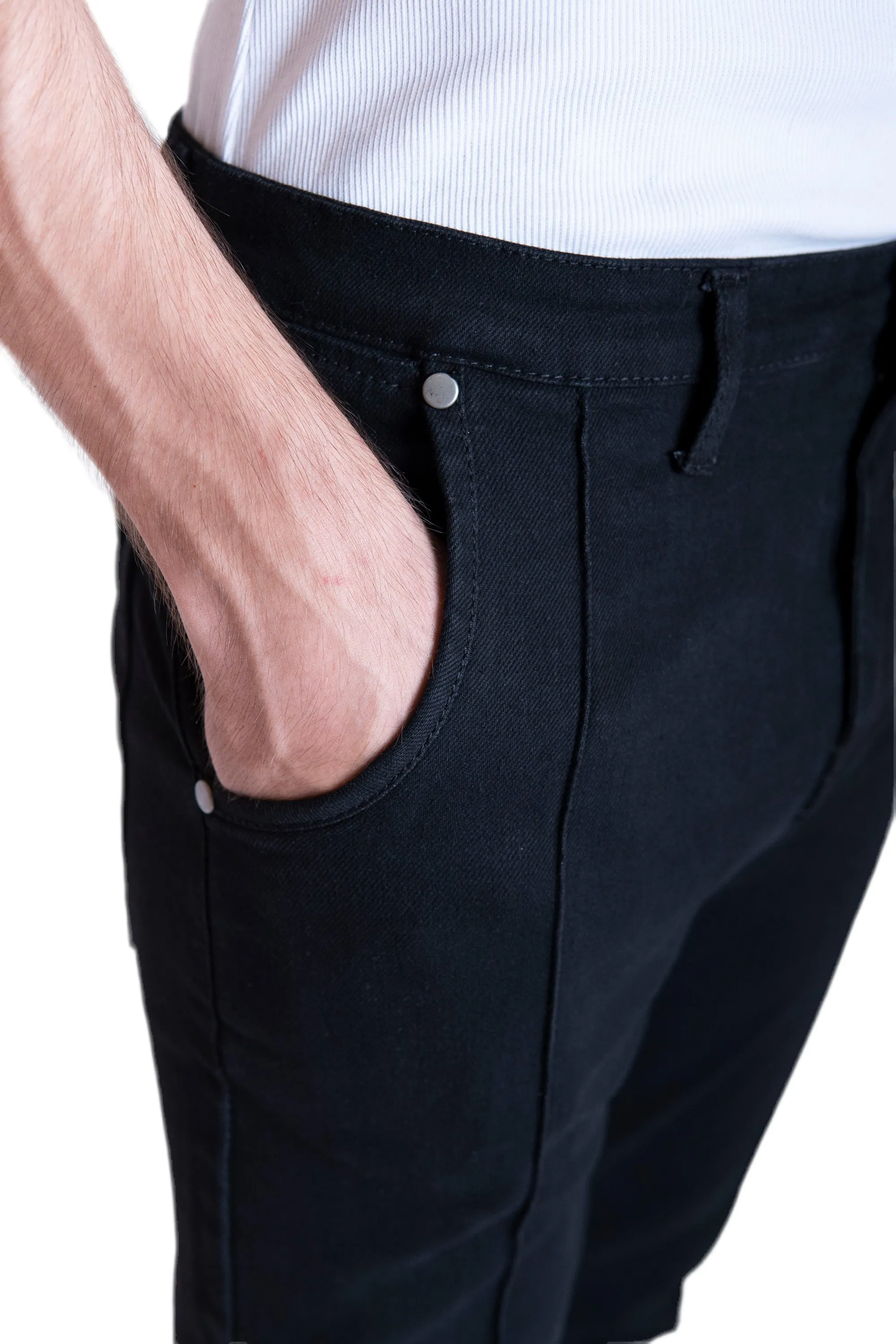 Black Stitch Pleats Tapered Jeans