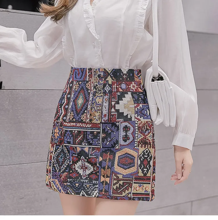 Boho Pattern Embroidered Woolen Mini Skirt