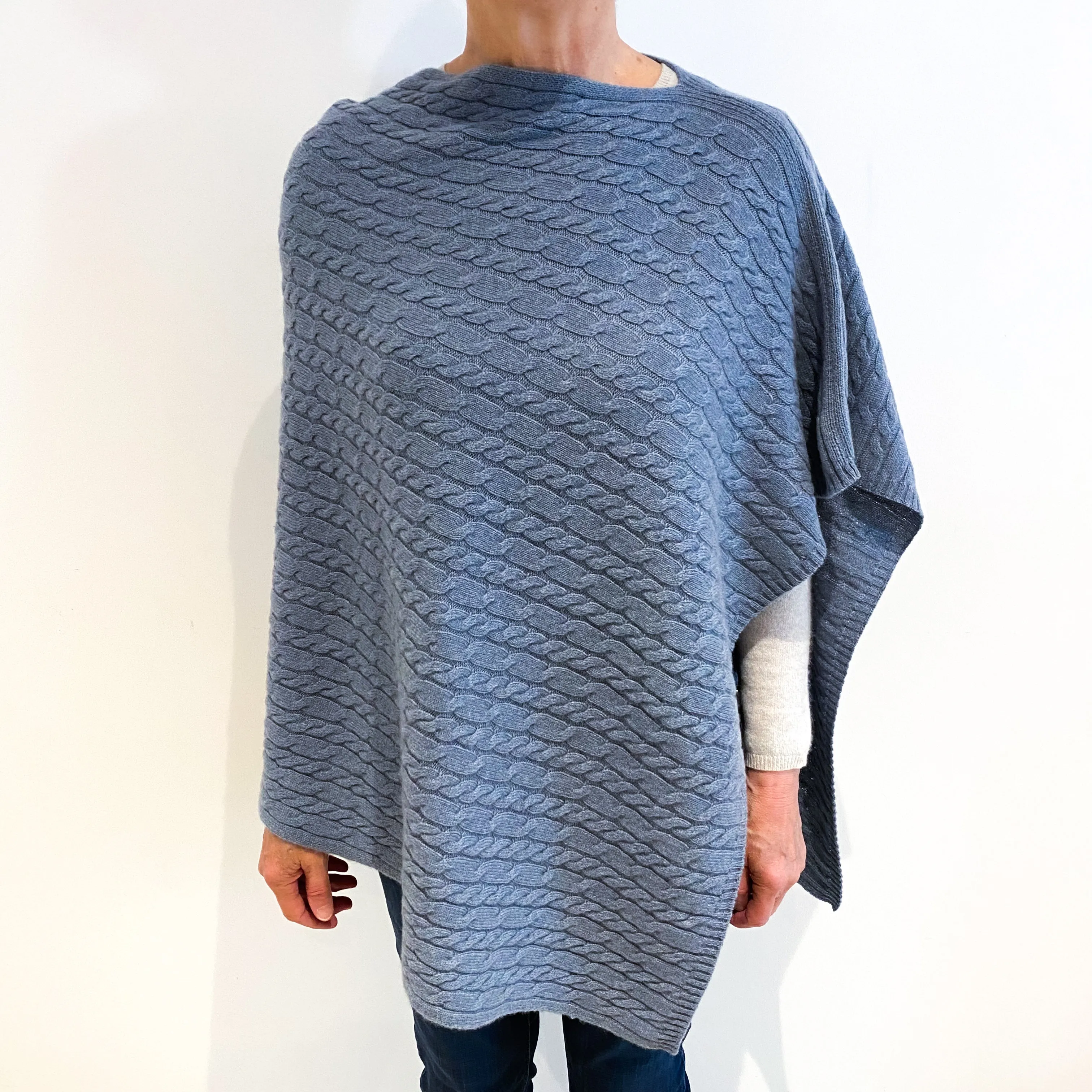 Brand New Scottish Dusky Grey Blue Cashmere Cable Poncho One Size