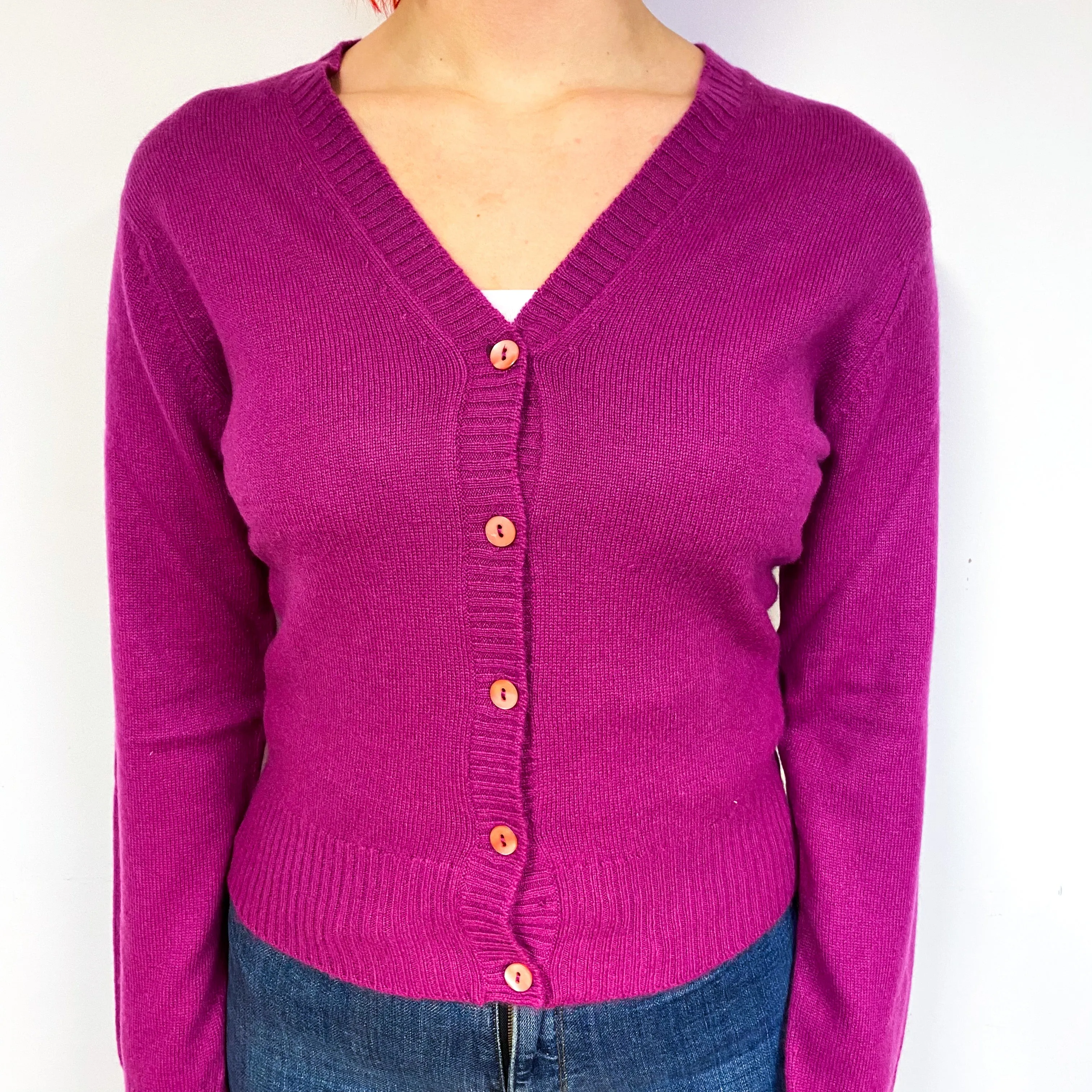Brora Deep Magenta Pink Cashmere V-Neck Cardigan Small