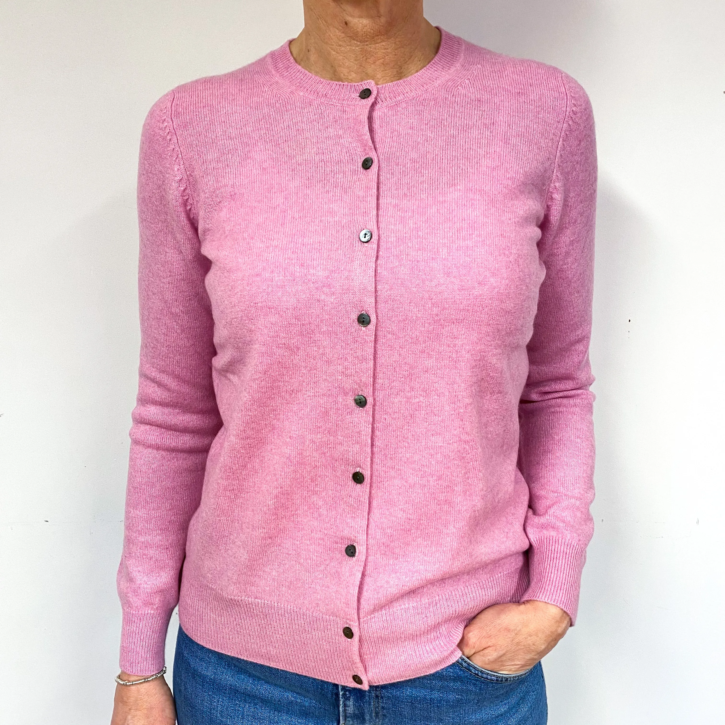 Bubblegum Pink Cashmere Crew Neck Cardigan Medium