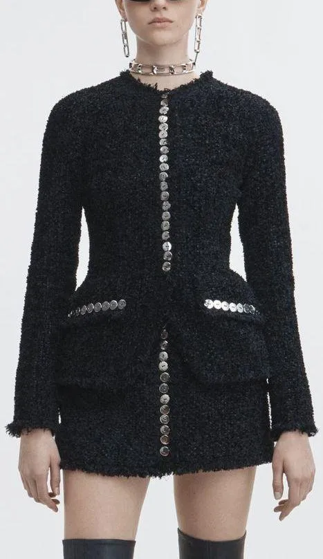 Button-Embellished Tweed Jacket and Skirt Set