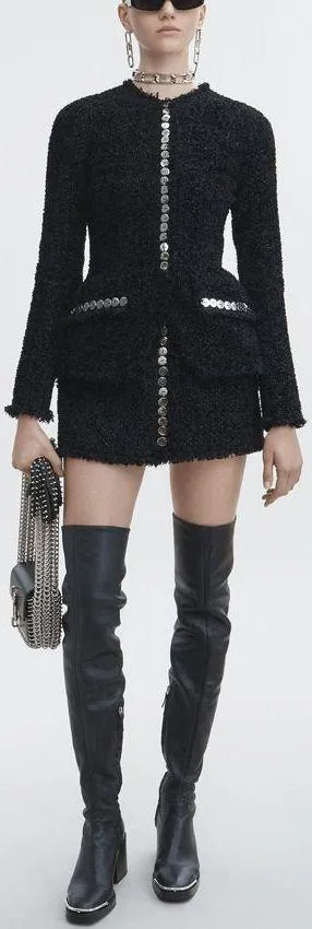 Button-Embellished Tweed Jacket and Skirt Set