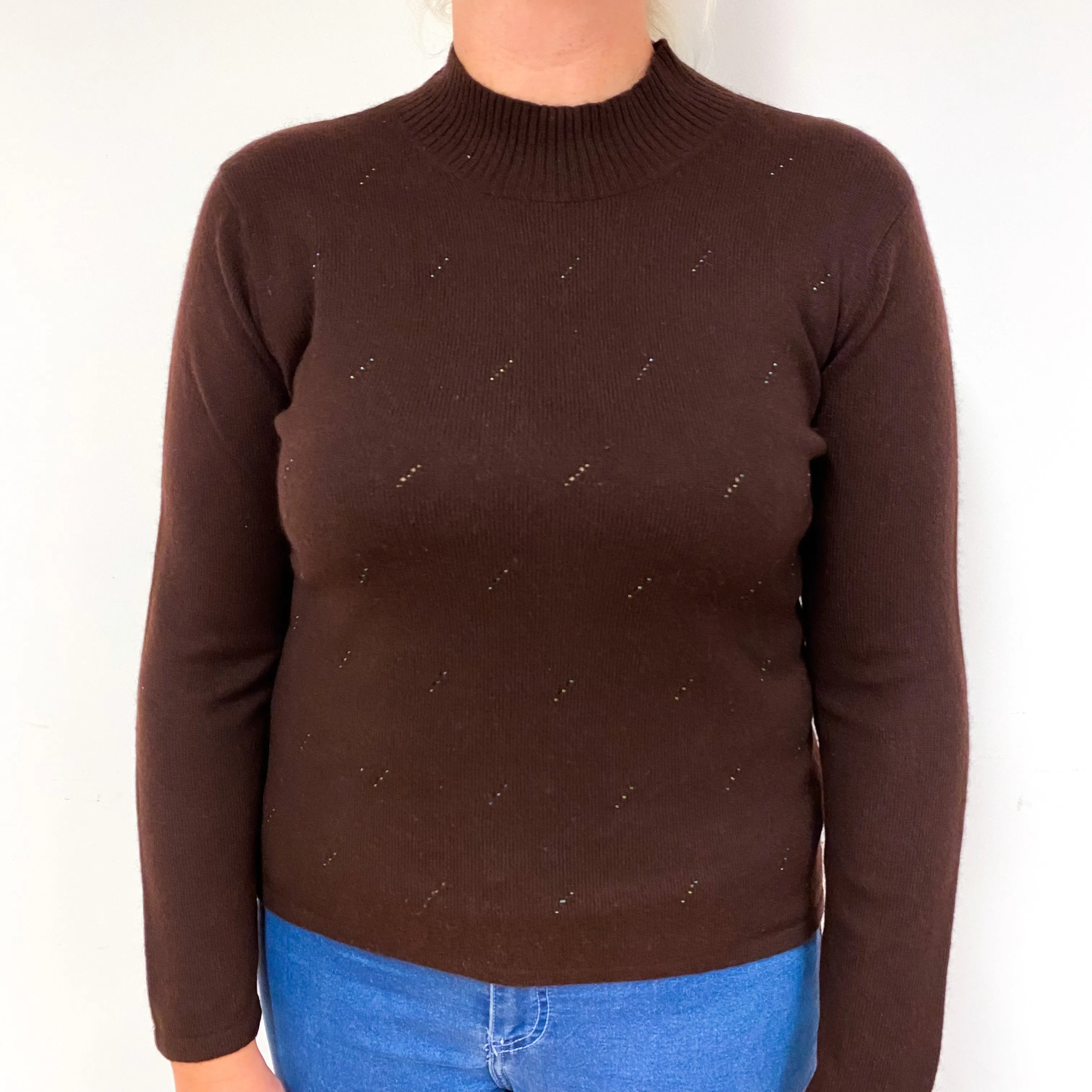 Chocolate Brown Beaded Cashmere Turtle Neck Jumper Large