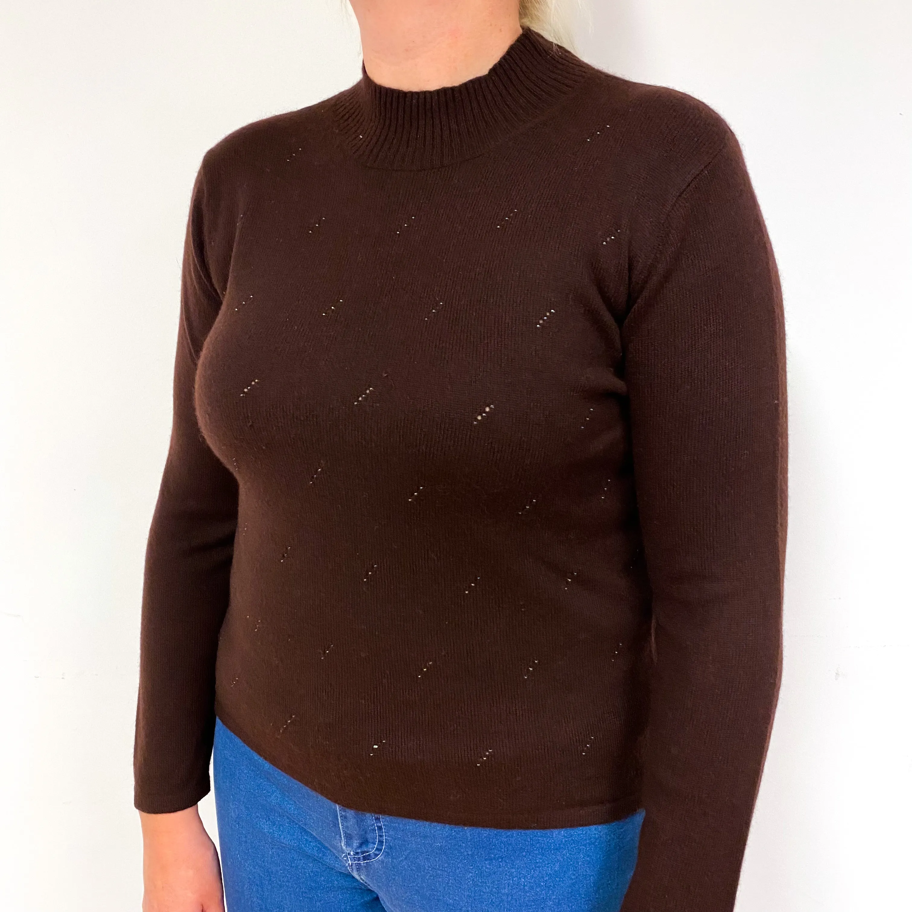 Chocolate Brown Beaded Cashmere Turtle Neck Jumper Large