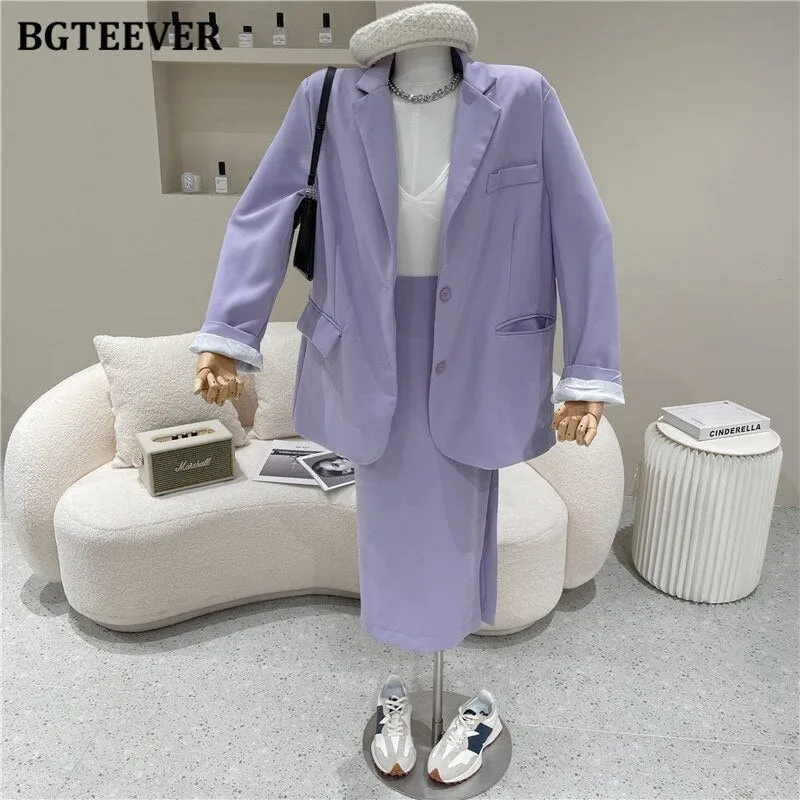 Christmas Gift Joskaa Spring Women Purple Skirt Suit 2024 Elegant Single-breasted Suit Jacket & Split Pencil Skirt Summer Ladies Blazer Set