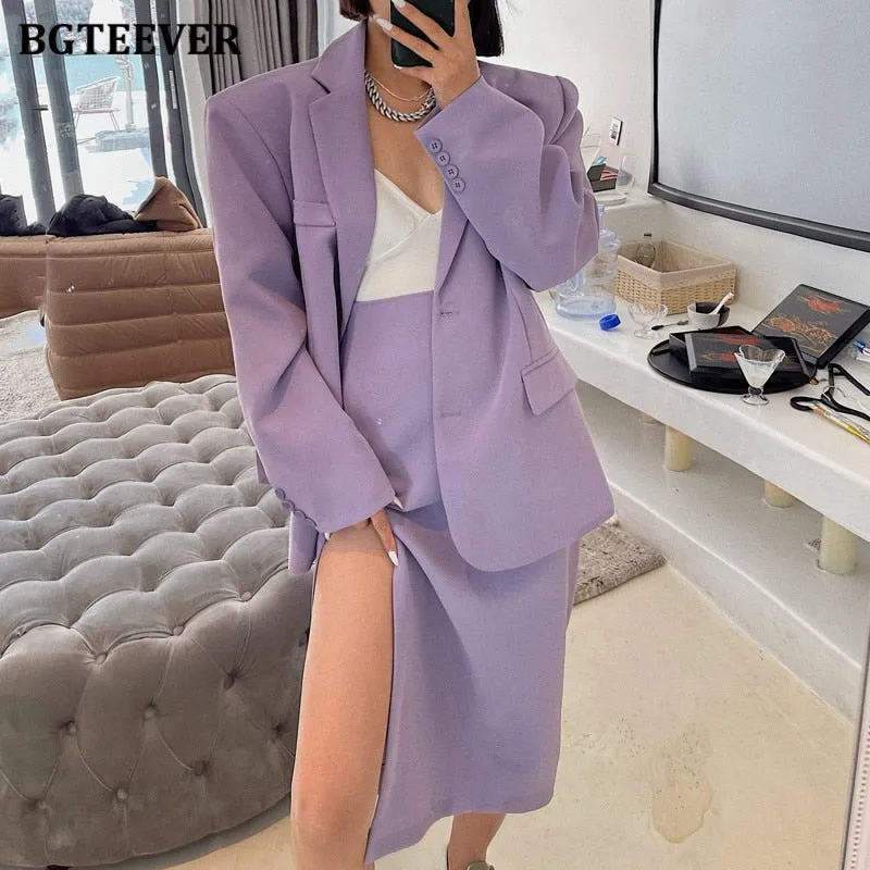 Christmas Gift Joskaa Spring Women Purple Skirt Suit 2024 Elegant Single-breasted Suit Jacket & Split Pencil Skirt Summer Ladies Blazer Set