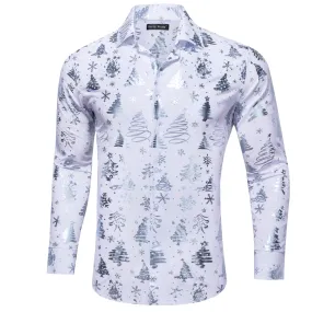 Christmas White Silver Xmas Pattern Floral Silk Men's Shirt