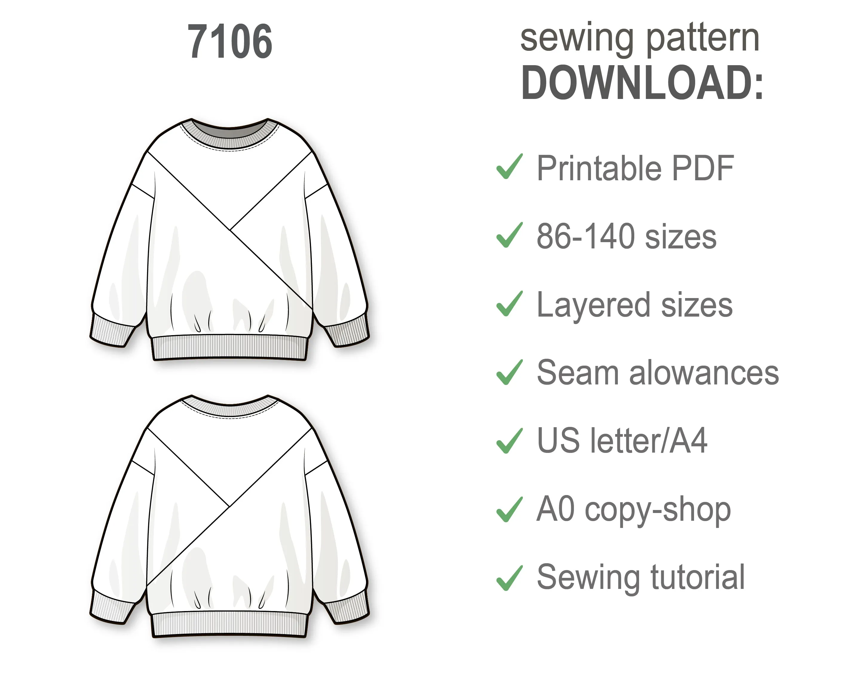 Color blocked sweatshirt with long sleeve and round neckline - PDF sewing pattern for girls and boys - age 1-10 years