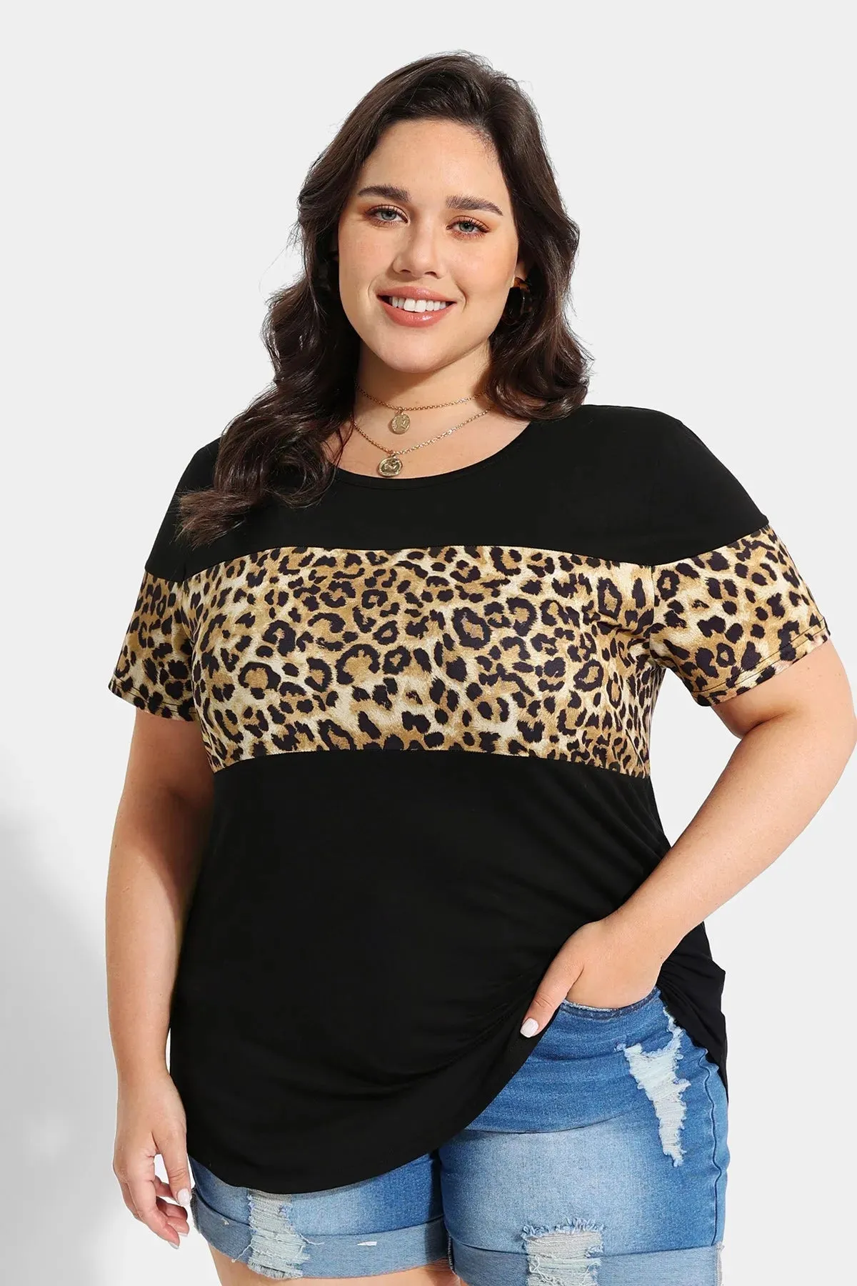 Contrast Leopard Layered Crewneck T-Shirt