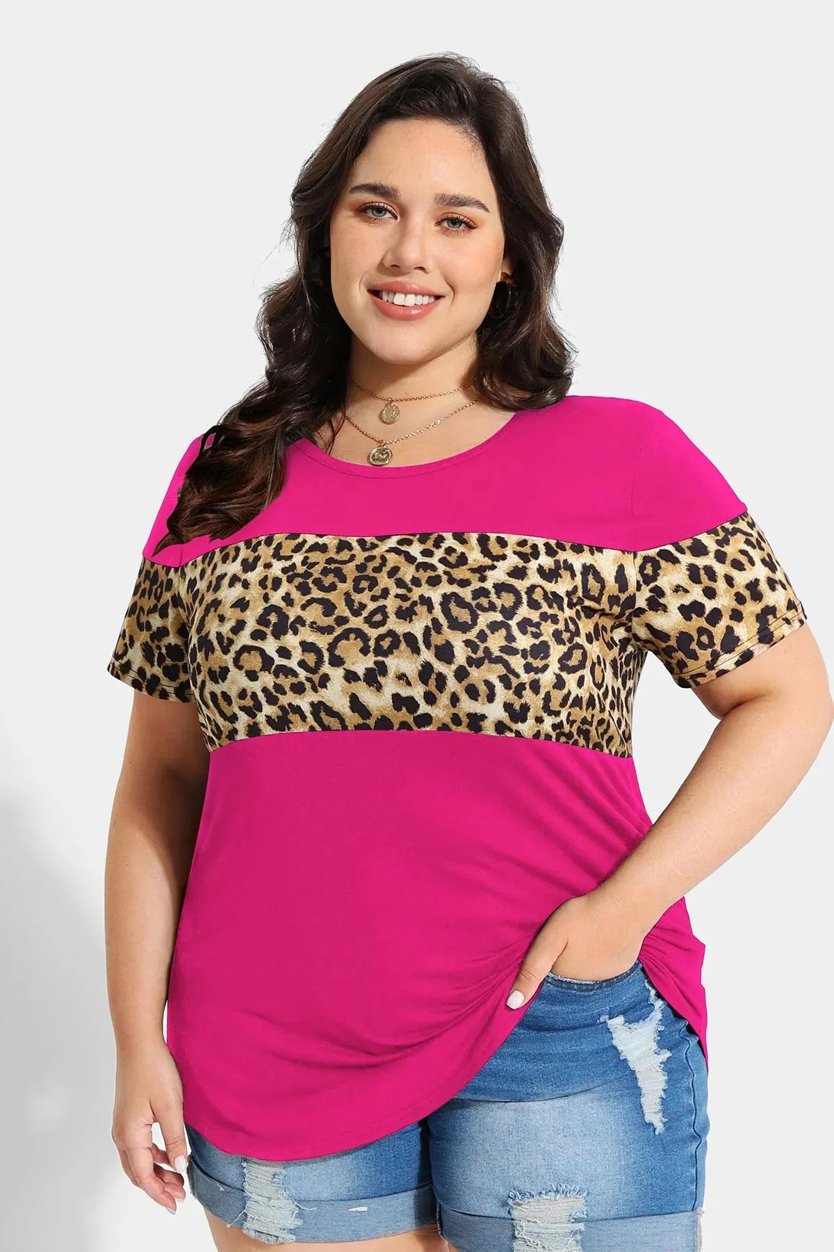 Contrast Leopard Layered Crewneck T-Shirt