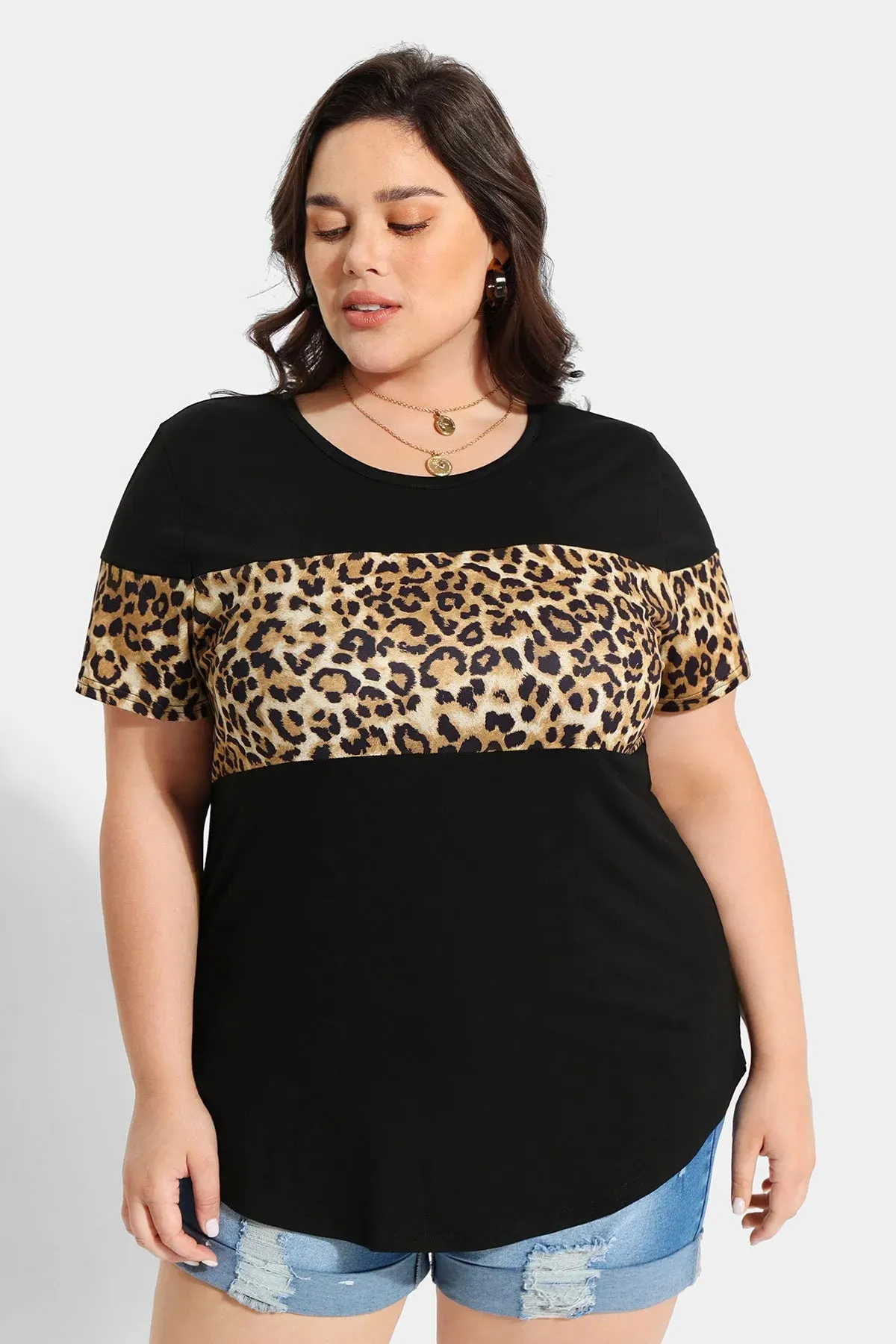 Contrast Leopard Layered Crewneck T-Shirt