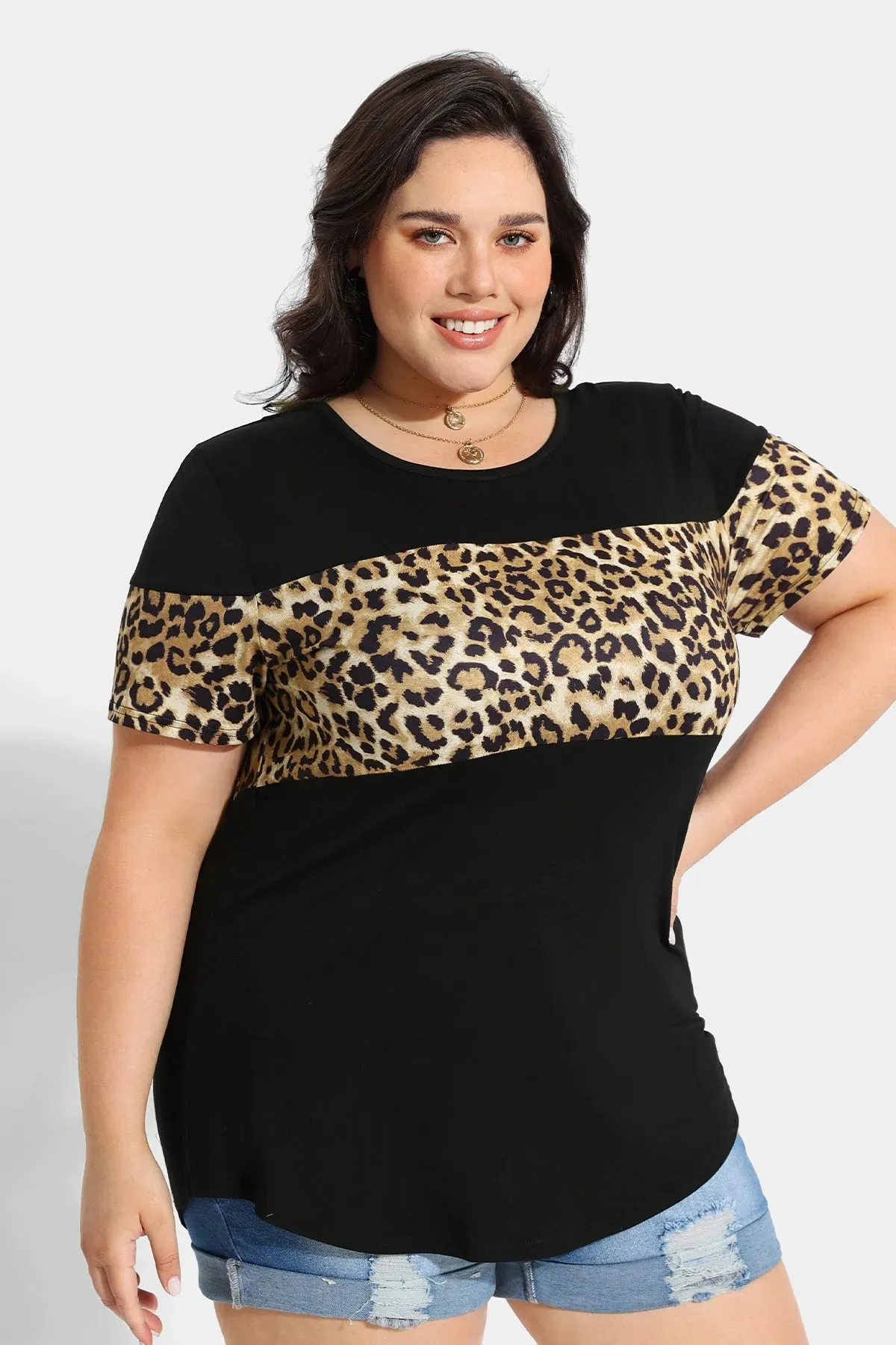 Contrast Leopard Layered Crewneck T-Shirt