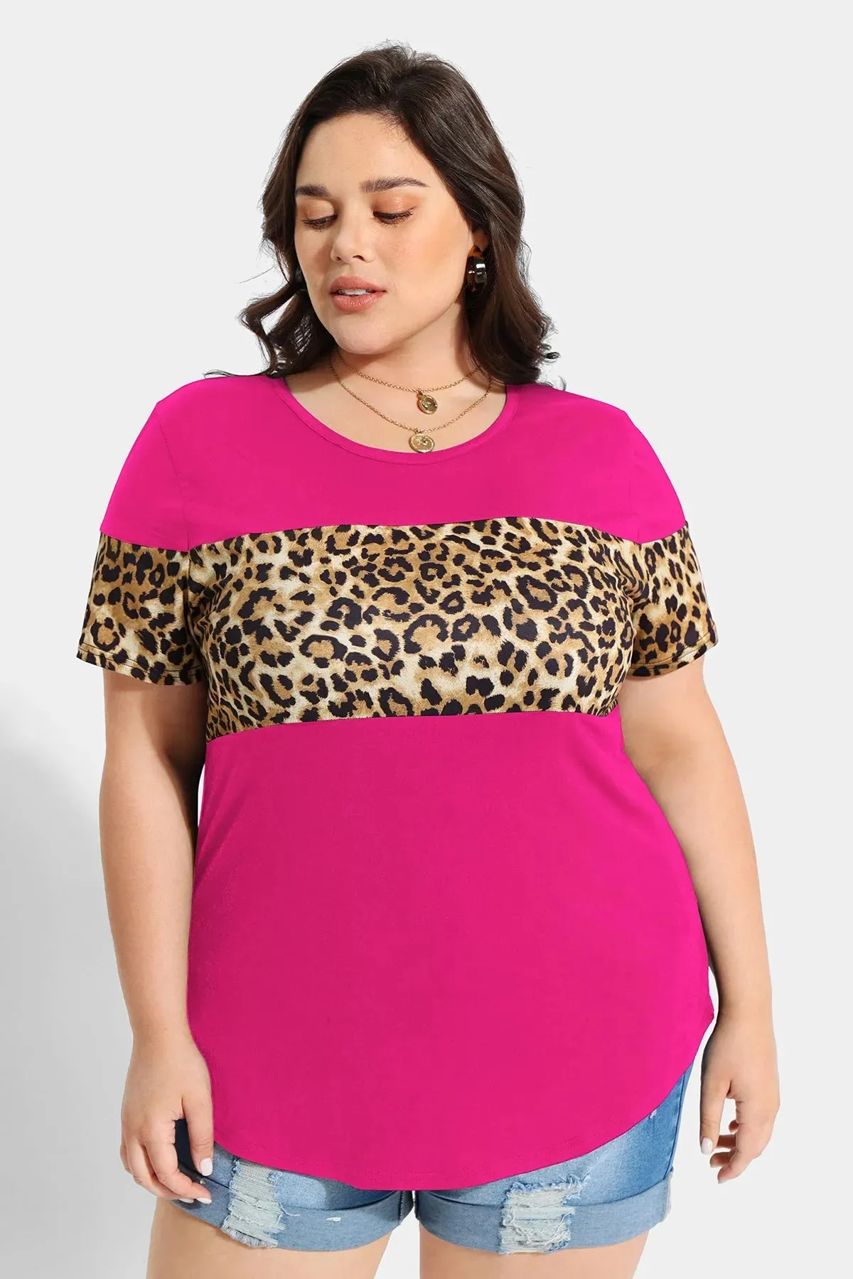 Contrast Leopard Layered Crewneck T-Shirt
