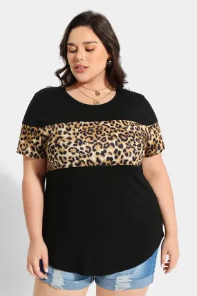 Contrast Leopard Layered Crewneck T-Shirt