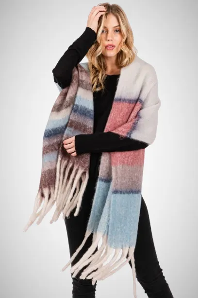 Cozy Striped Fringe Oblong Scarf