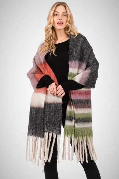 Cozy Striped Fringe Oblong Scarf