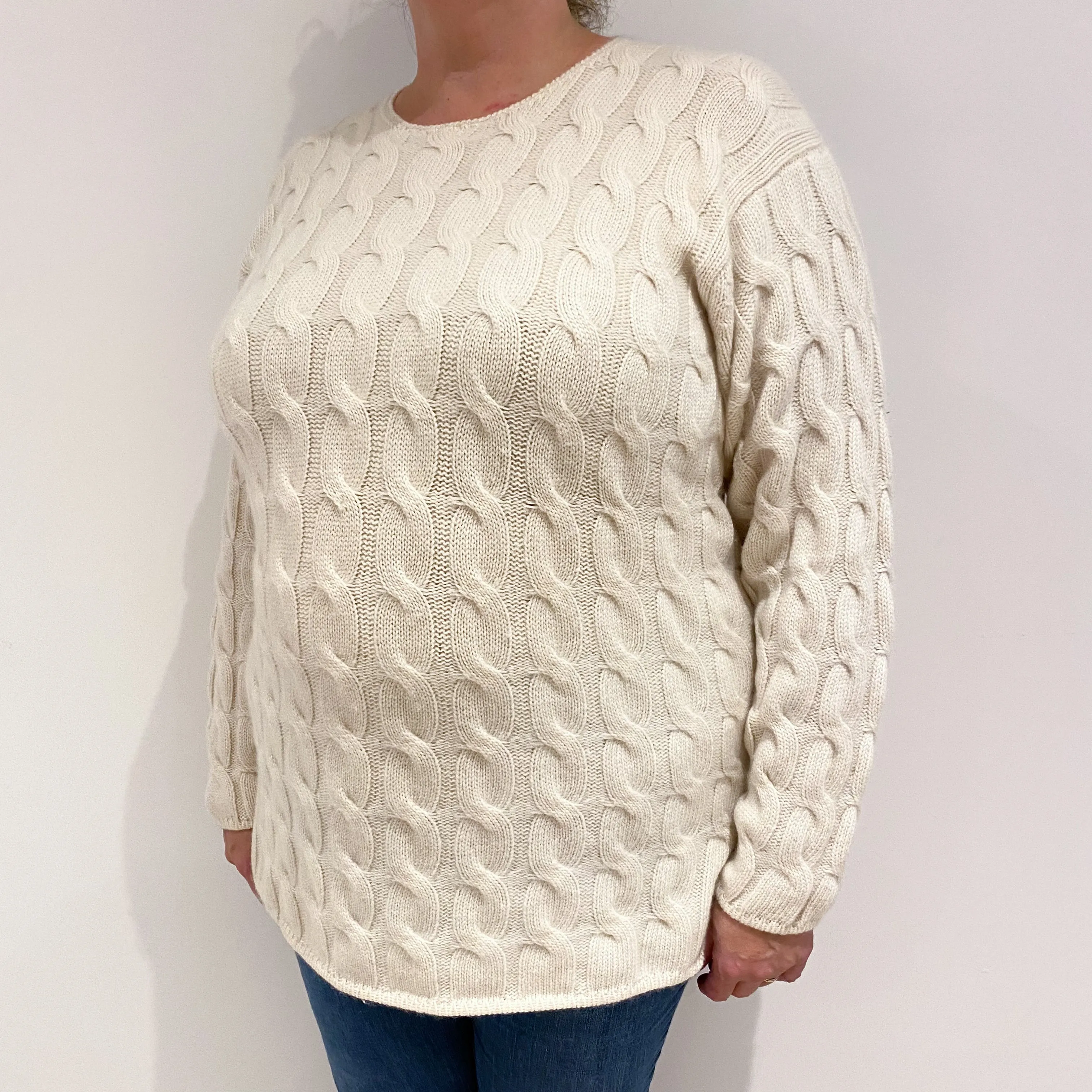 Cream Cable Knit Cashmere Crew Neck Jumper Extra Large