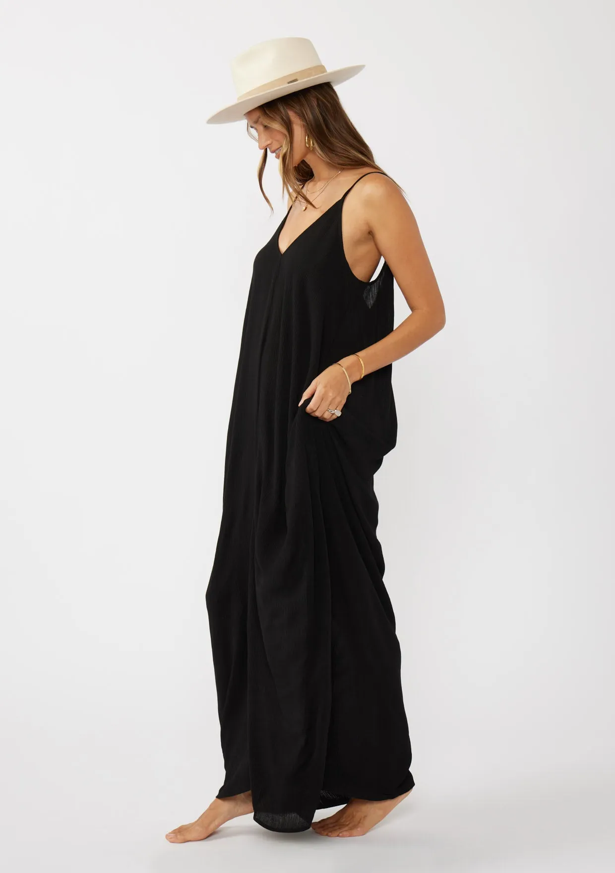 Crinkled Rayon Gauze Sleeveless V-Neck Maxi Dress