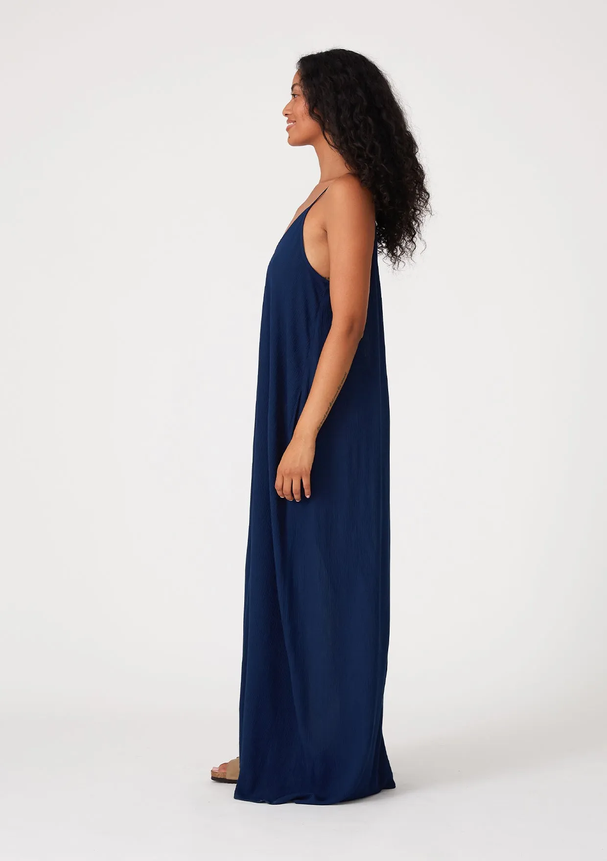 Crinkled Rayon Gauze Sleeveless V-Neck Maxi Dress