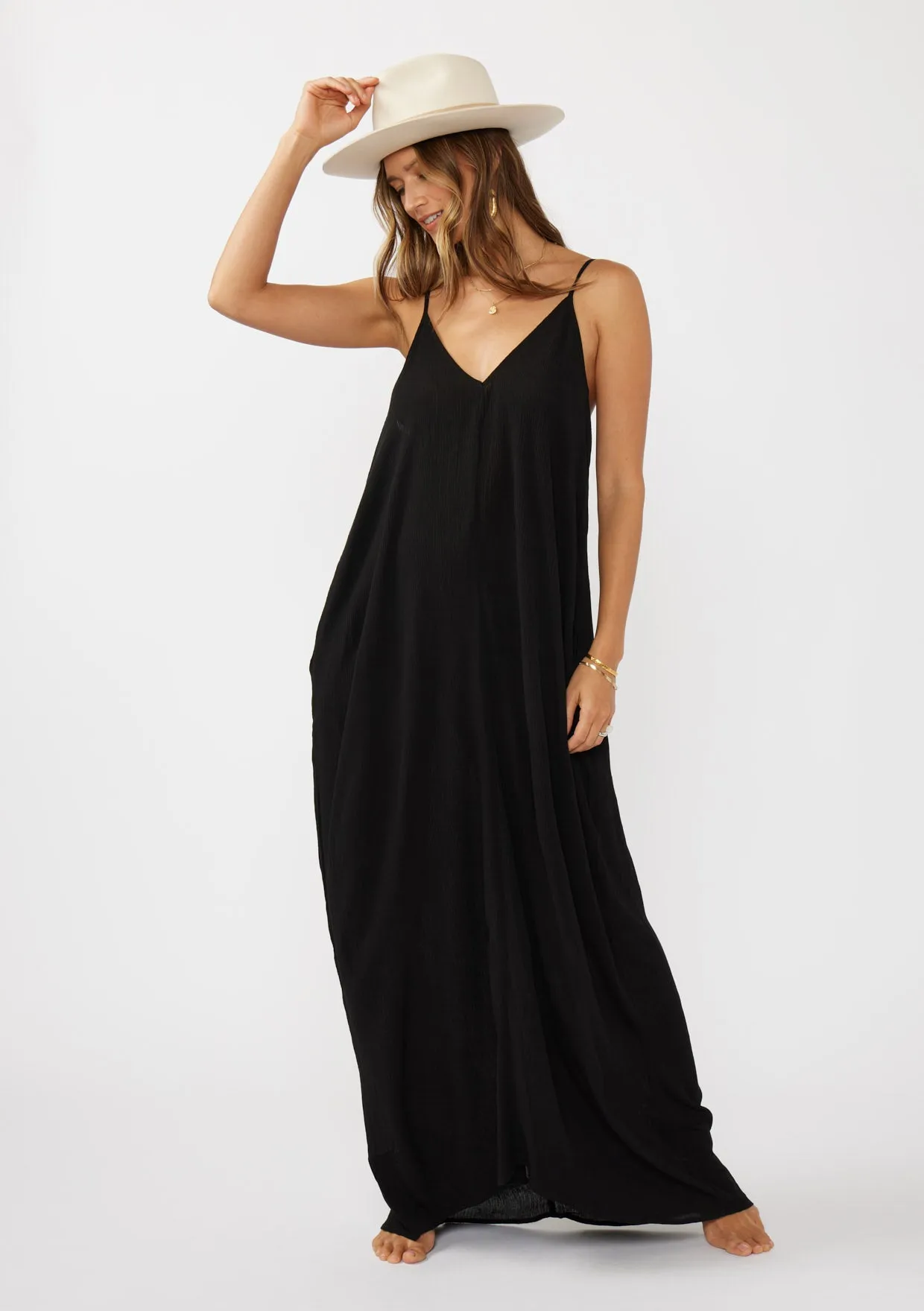 Crinkled Rayon Gauze Sleeveless V-Neck Maxi Dress
