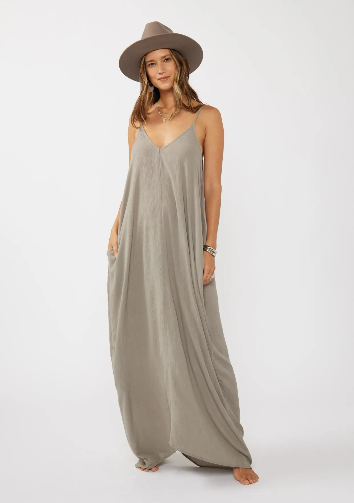 Crinkled Rayon Gauze Sleeveless V-Neck Maxi Dress