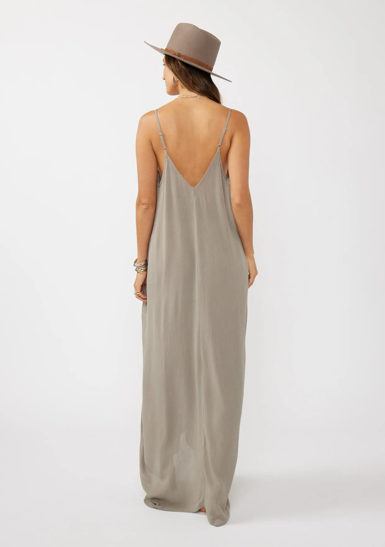 Crinkled Rayon Gauze Sleeveless V-Neck Maxi Dress