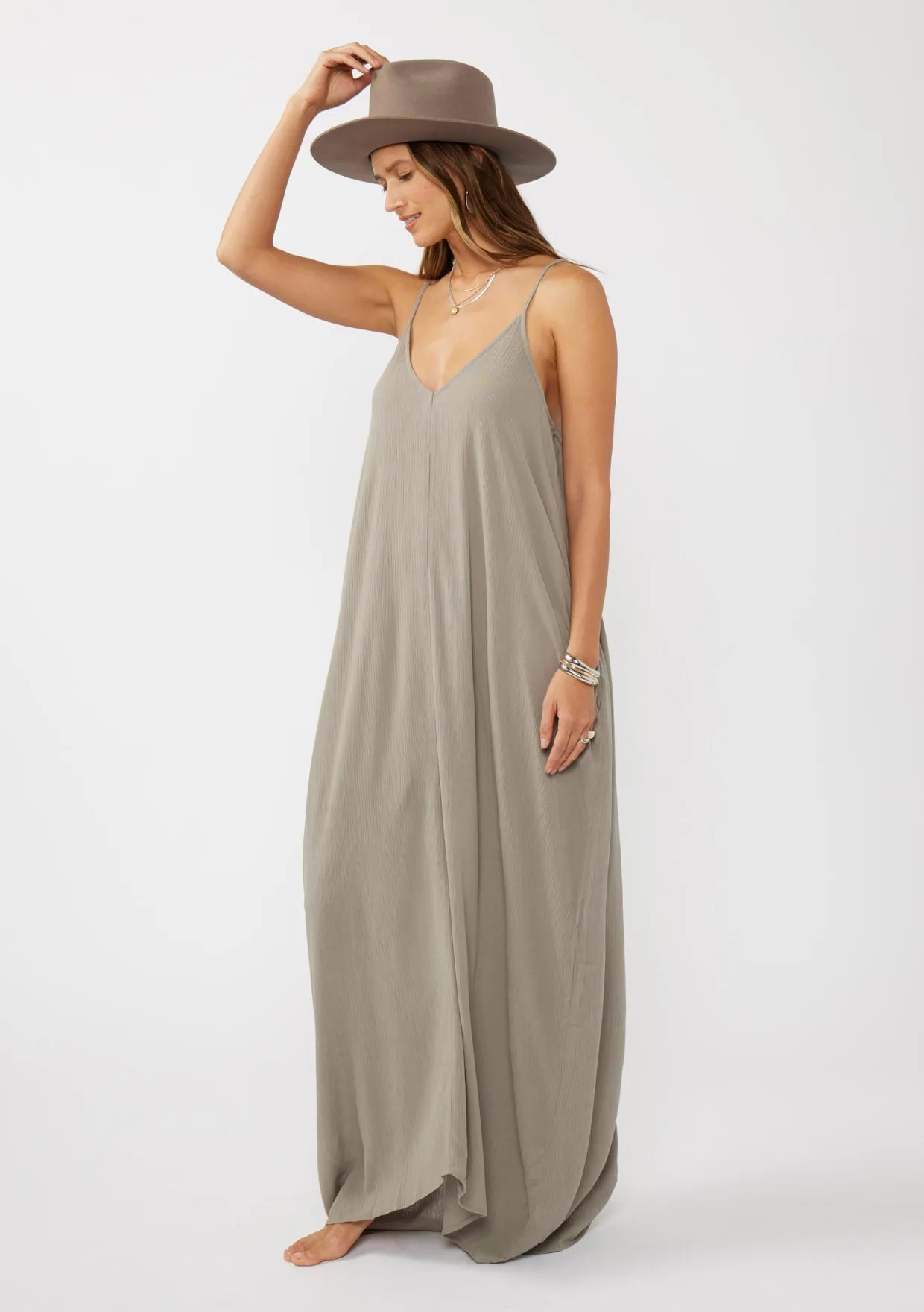 Crinkled Rayon Gauze Sleeveless V-Neck Maxi Dress