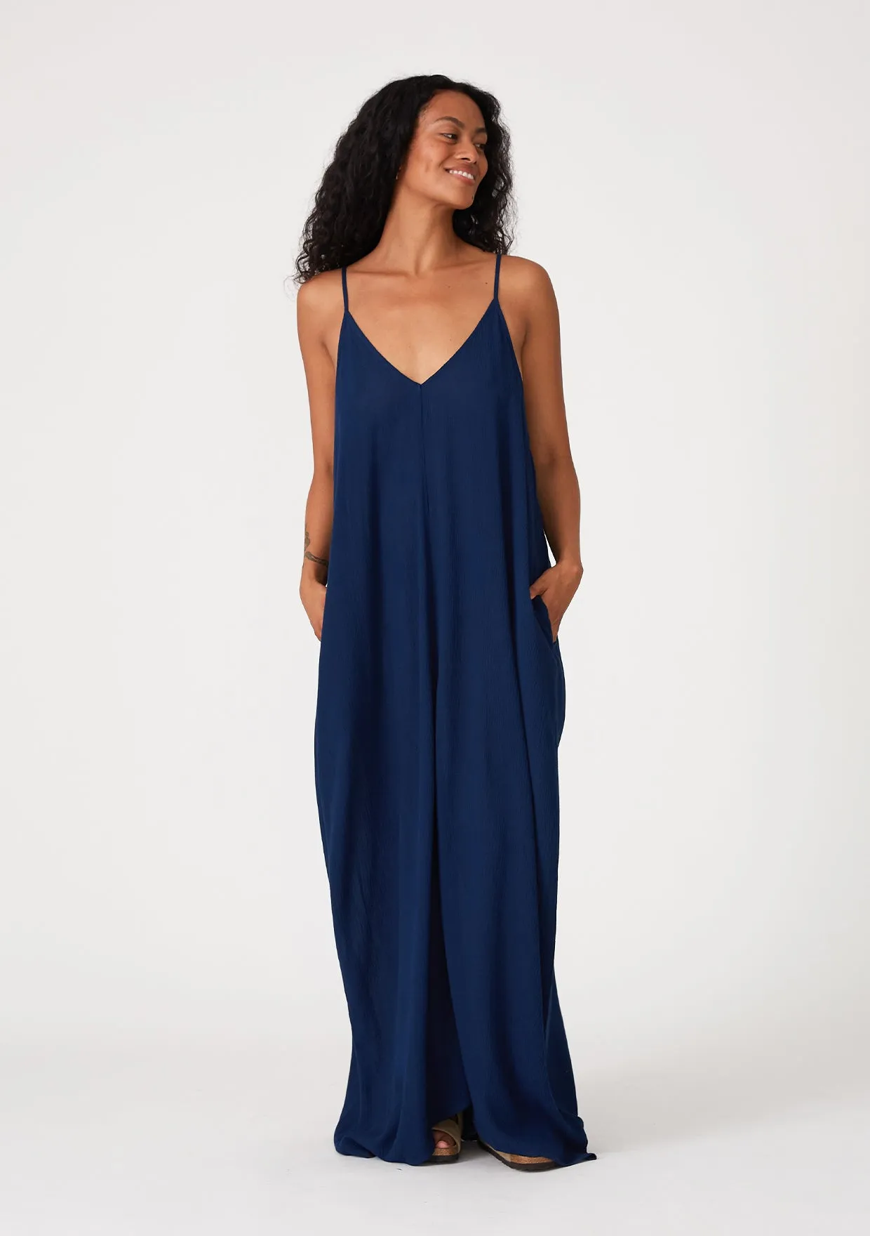 Crinkled Rayon Gauze Sleeveless V-Neck Maxi Dress