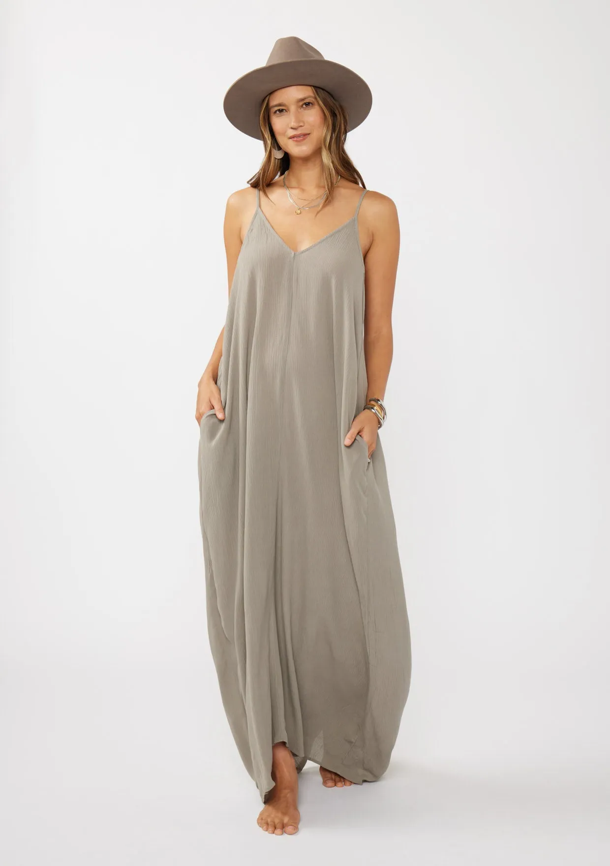 Crinkled Rayon Gauze Sleeveless V-Neck Maxi Dress