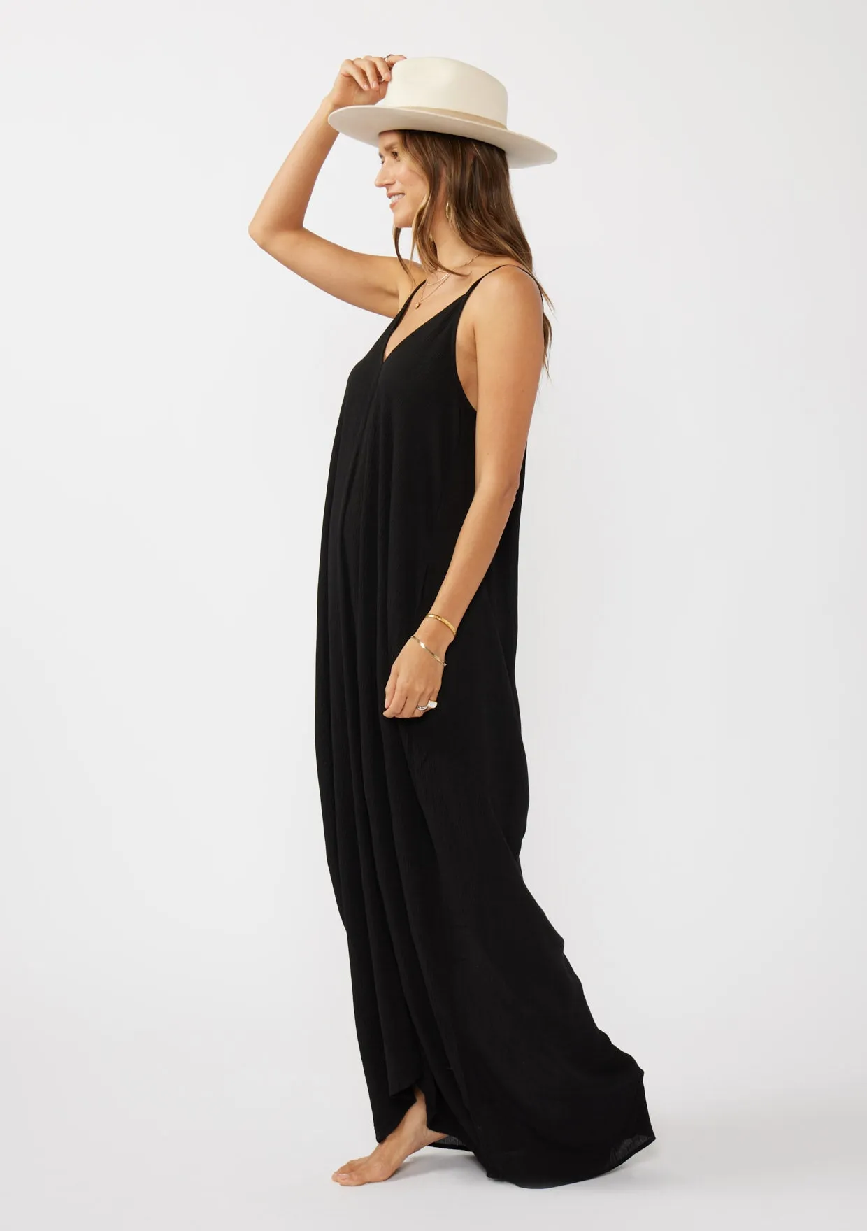 Crinkled Rayon Gauze Sleeveless V-Neck Maxi Dress