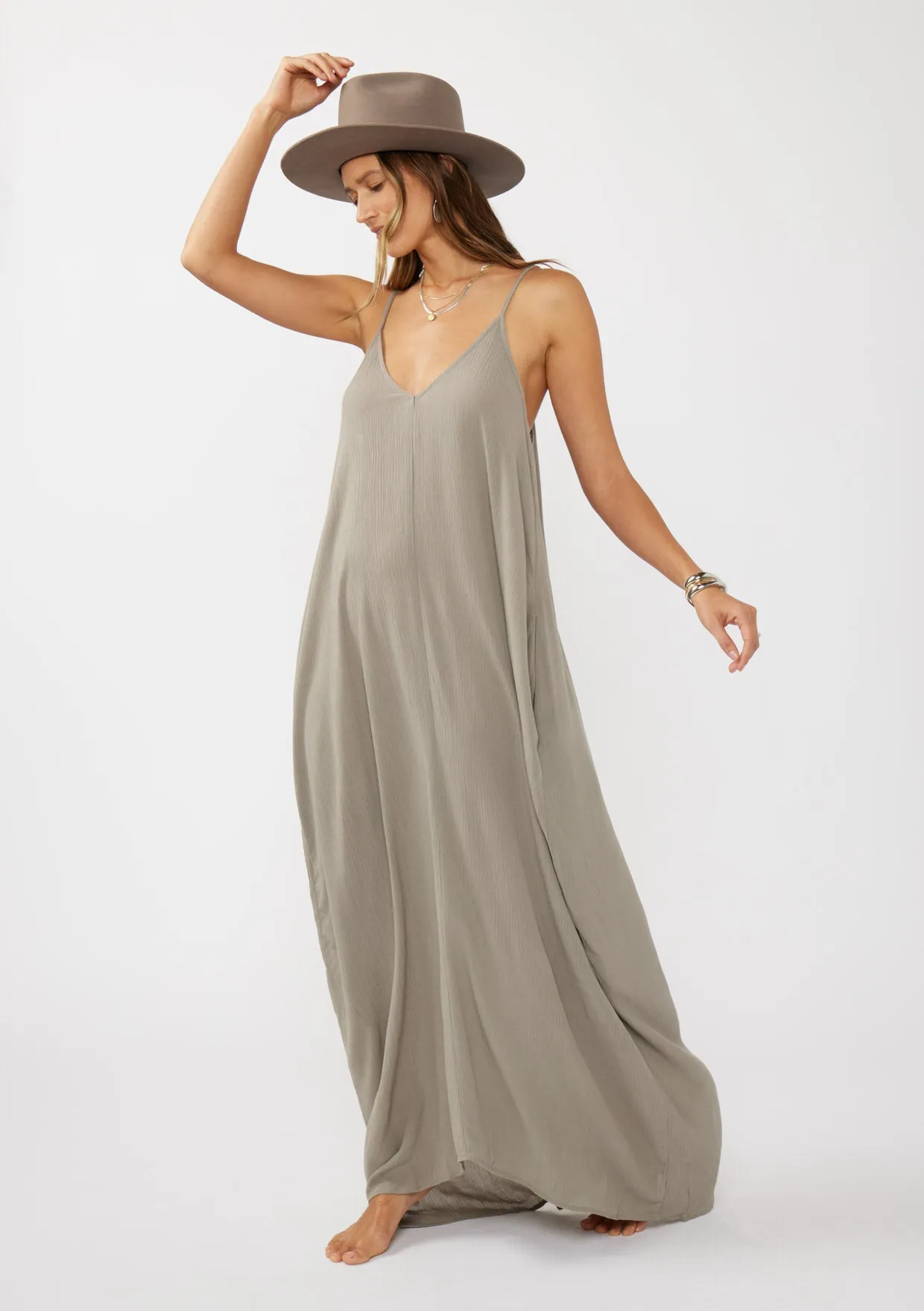 Crinkled Rayon Gauze Sleeveless V-Neck Maxi Dress