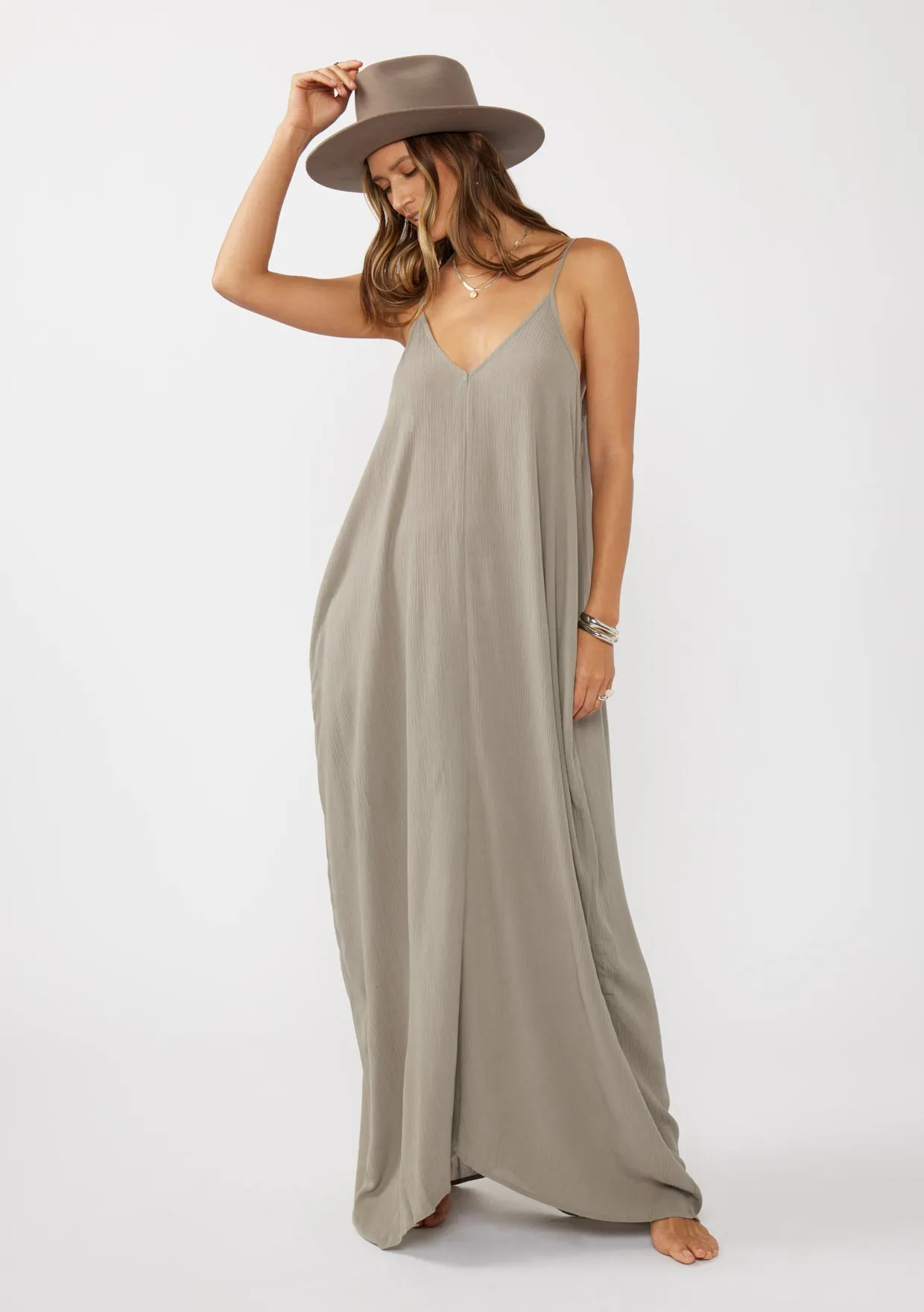 Crinkled Rayon Gauze Sleeveless V-Neck Maxi Dress