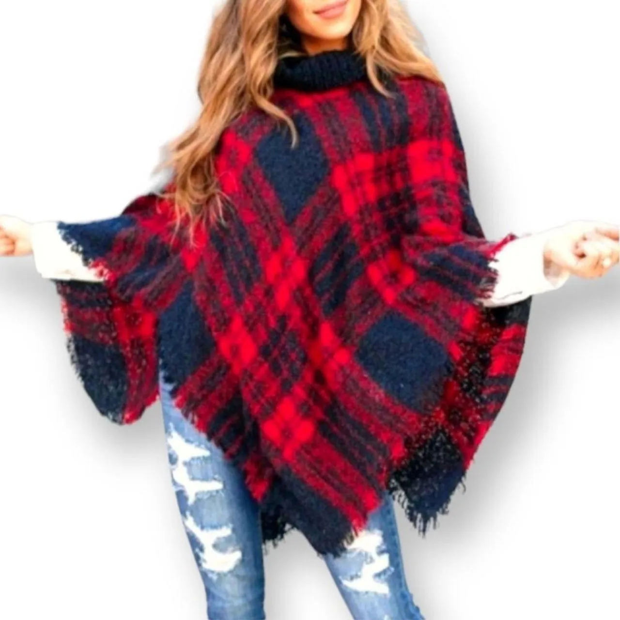 Deia Multi Checks Poncho Shawl with Neckwarmer
