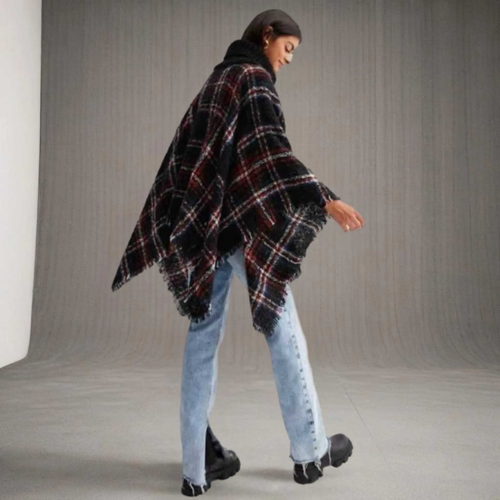 Deia Multi Checks Poncho Shawl with Neckwarmer