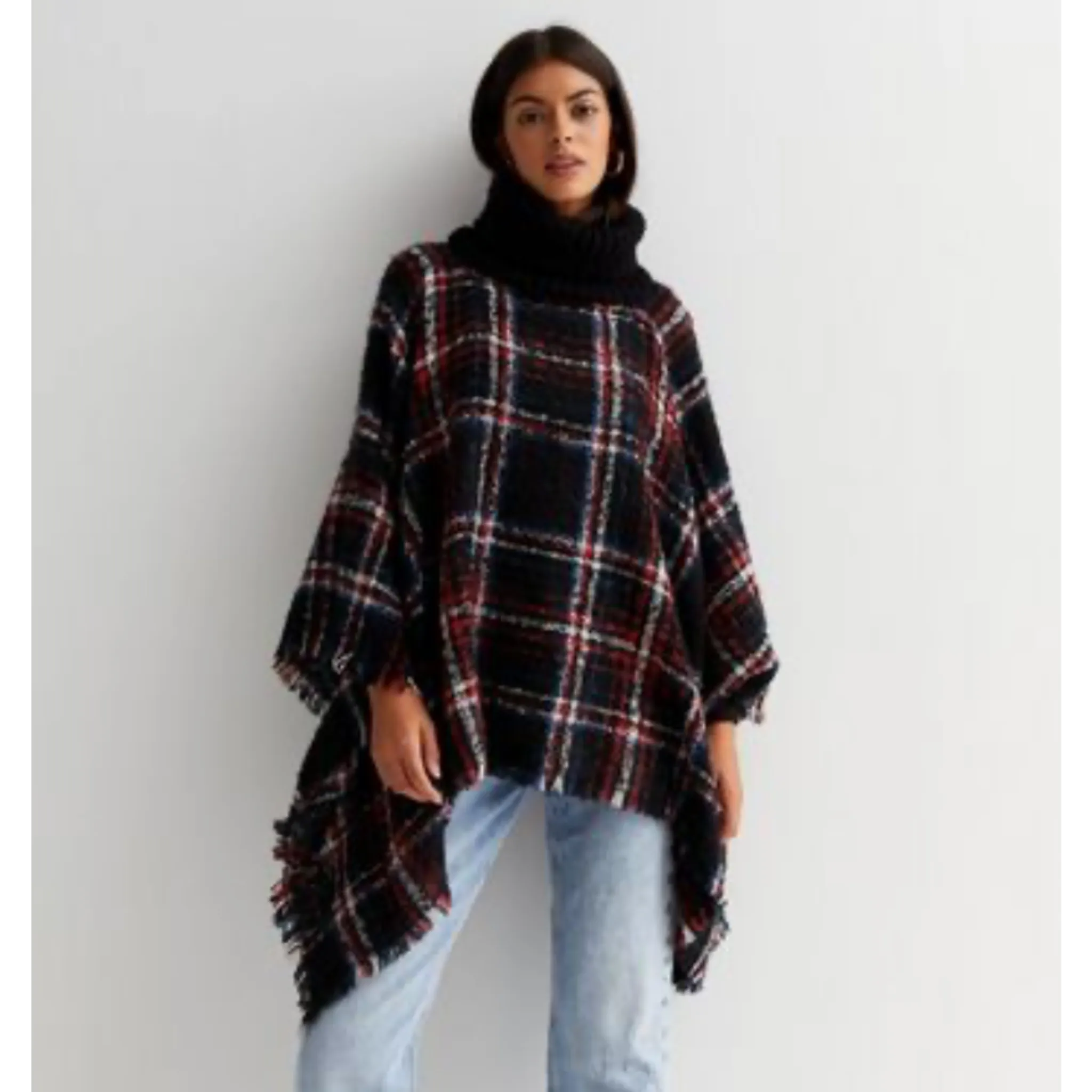 Deia Multi Checks Poncho Shawl with Neckwarmer