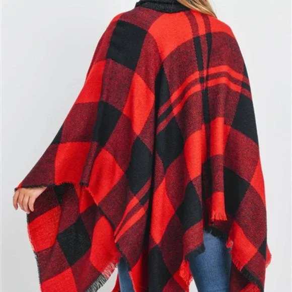 Deia Multi Checks Poncho Shawl with Neckwarmer