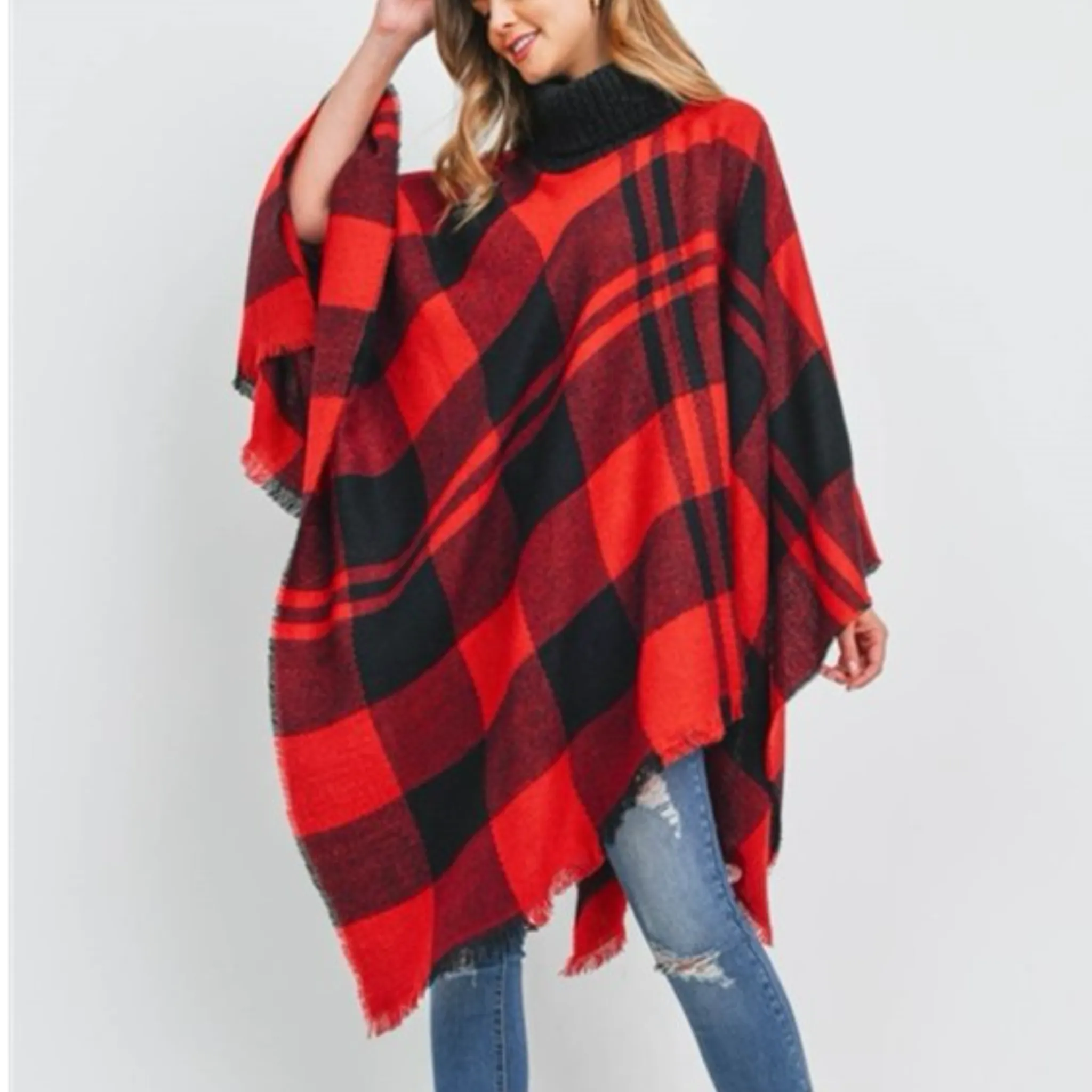 Deia Multi Checks Poncho Shawl with Neckwarmer