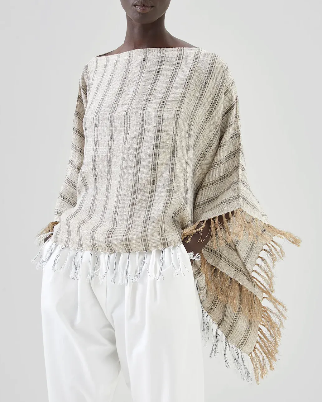 Desert Stripe Linen Fringe Poncho