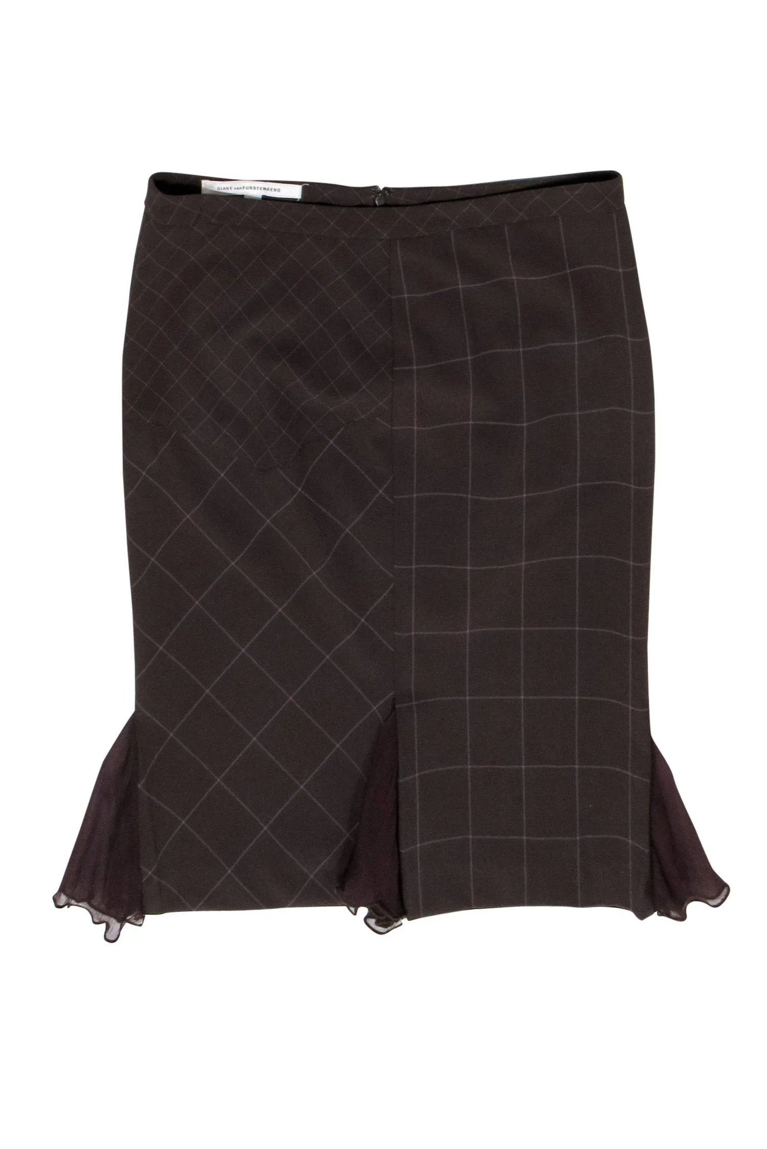 Diane von Furstenberg - Brown & Purple Plaid Pencil Skirt w/ Flounce Hem Sz 6