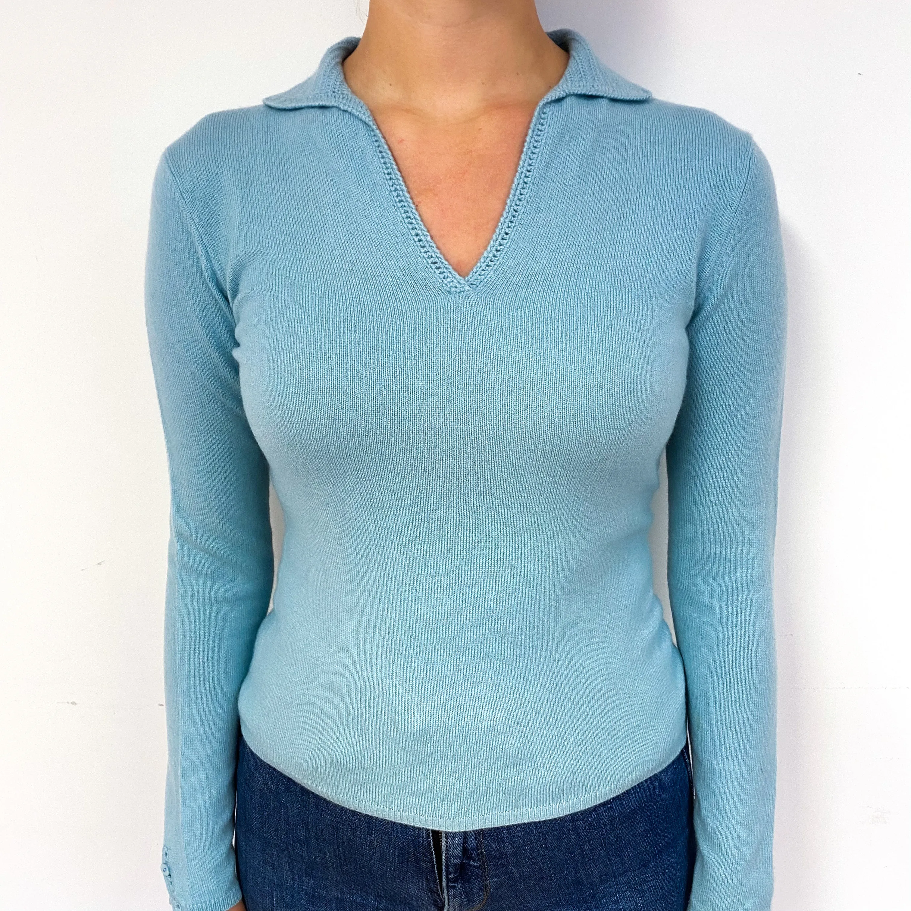 Duck Egg Blue Cashmere Collared V-Neck Jumper Small