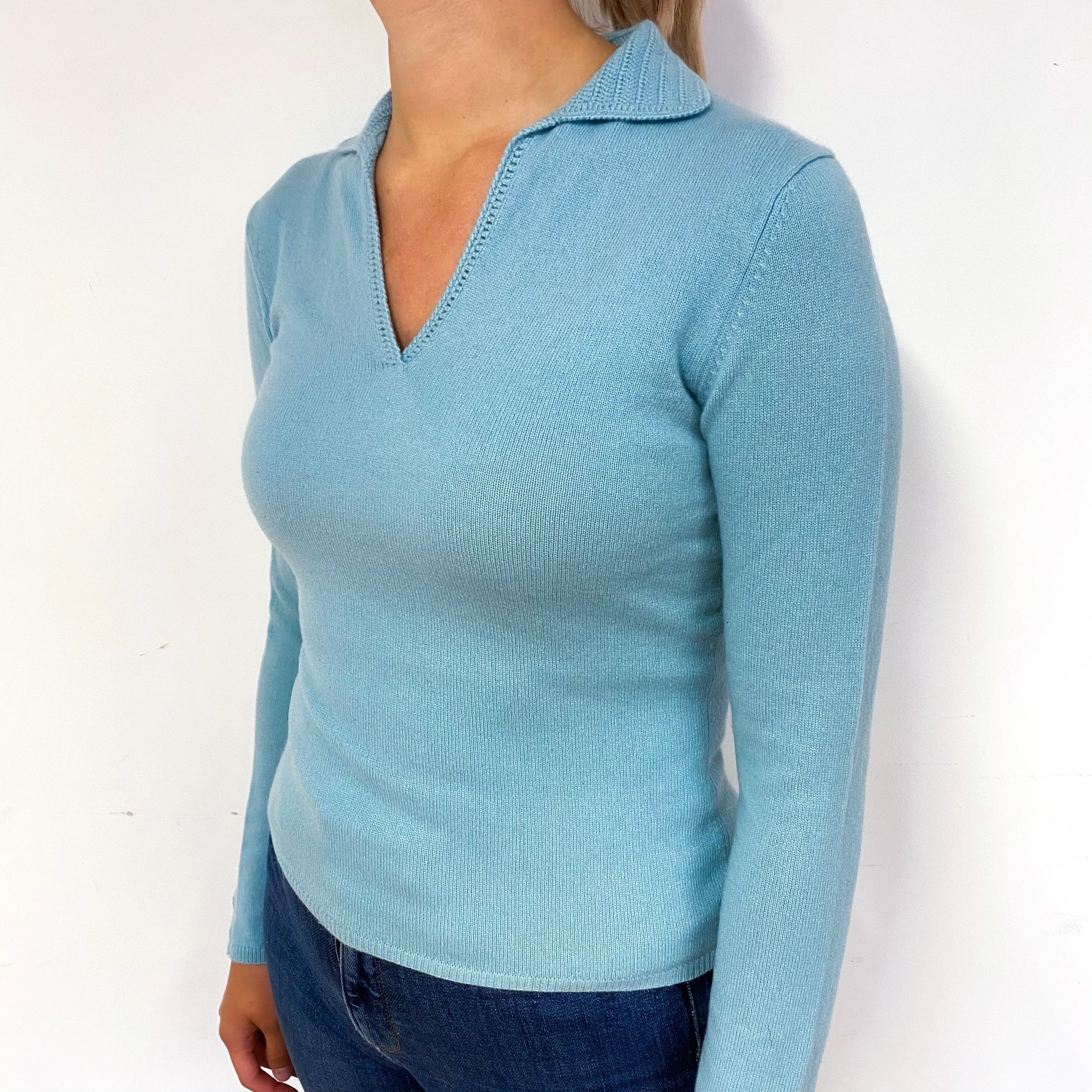 Duck Egg Blue Cashmere Collared V-Neck Jumper Small